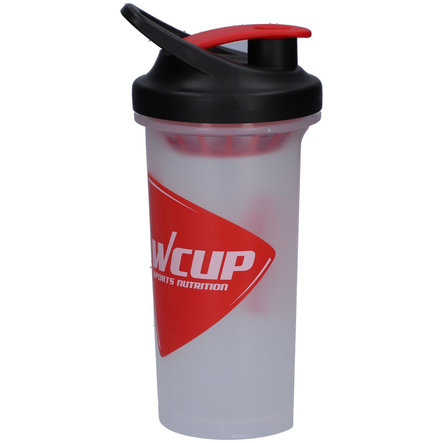 Gourde transparente avec couvercle noir et fermeture rouge. Logo WCUP rouge sur écusson rouge. Sports Nutrition.