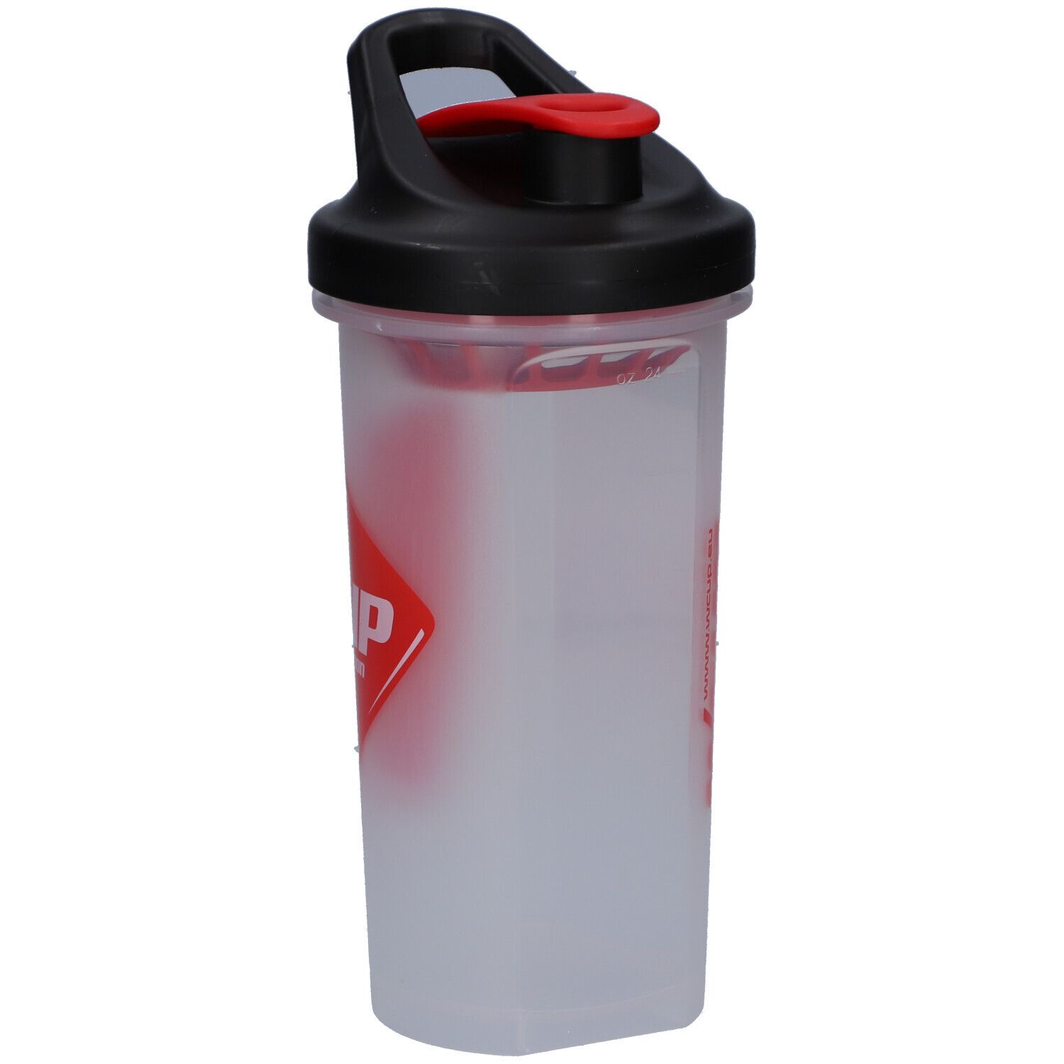 Gourde transparente avec couvercle noir et fermeture rouge. Logo WCUP rouge sur écusson rouge. Échelle graduée.