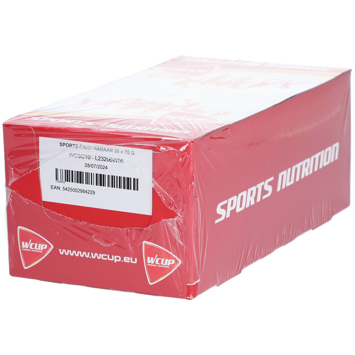 Rode kartonnen verpakking, gedeeltelijk transparant verpakt. Opschrift: SPORTS NUTRITION, WCUP, barcode, productinformatie.