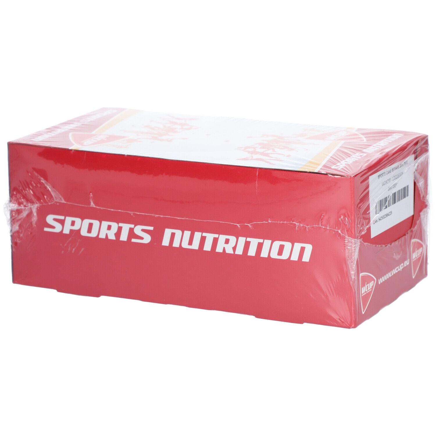 Rode kartonnen verpakking, transparant verpakt. Opschrift: SPORTS NUTRITION. Productinformatie op de bovenkant.