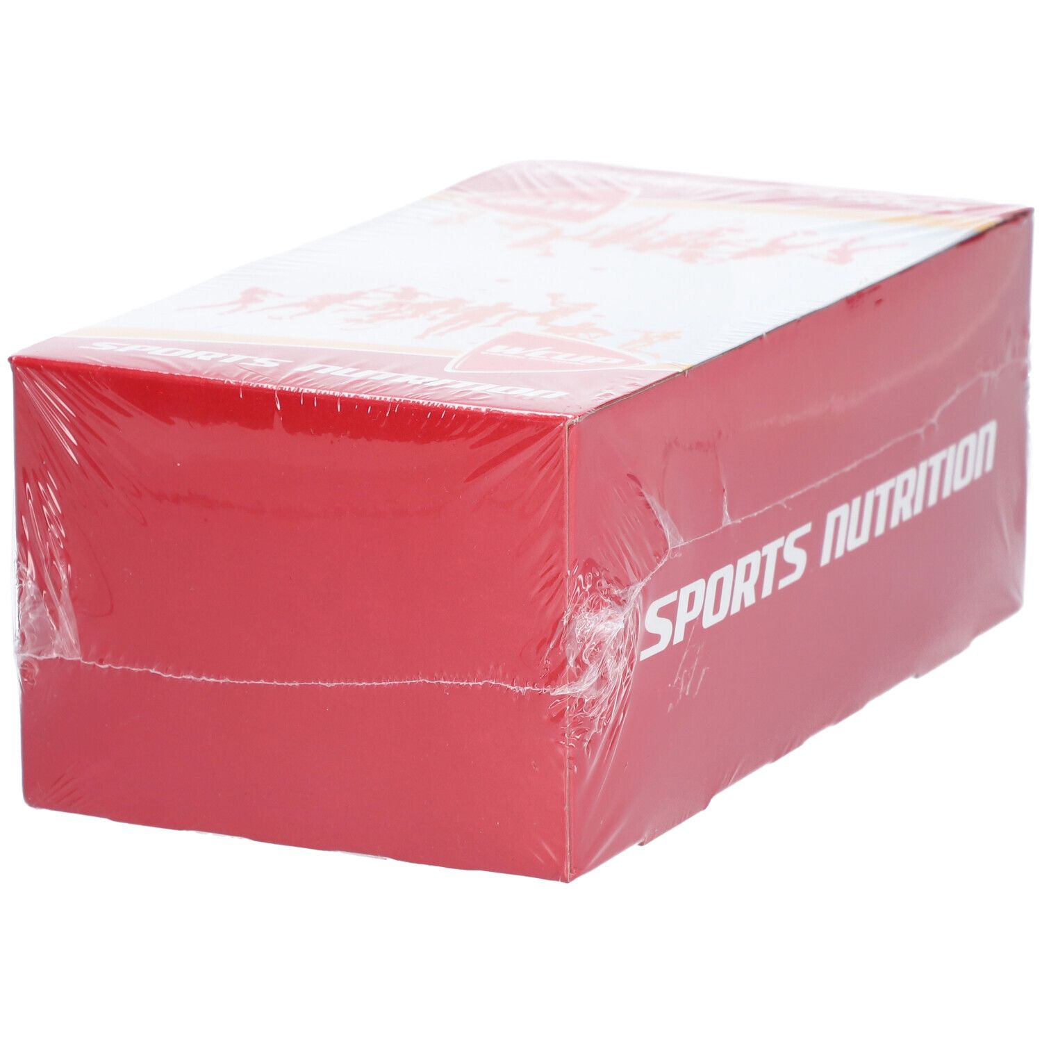 Rode kartonnen verpakking, transparant verpakt. Opschrift: SPORTS NUTRITION. Productinformatie op de bovenkant.