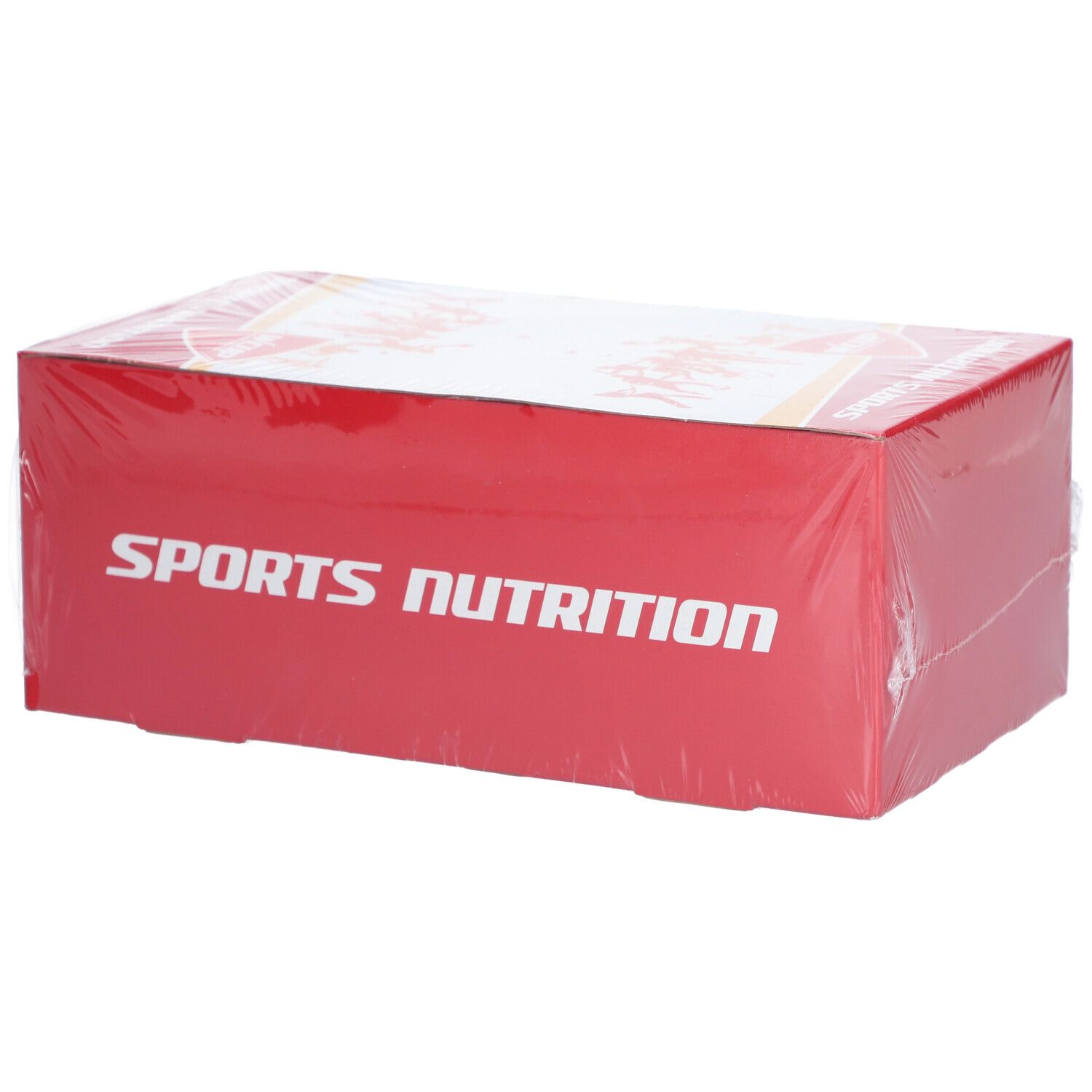 Rode kartonnen verpakking, transparant verpakt. Opschrift: SPORTS NUTRITION. Productinformatie op de bovenkant.