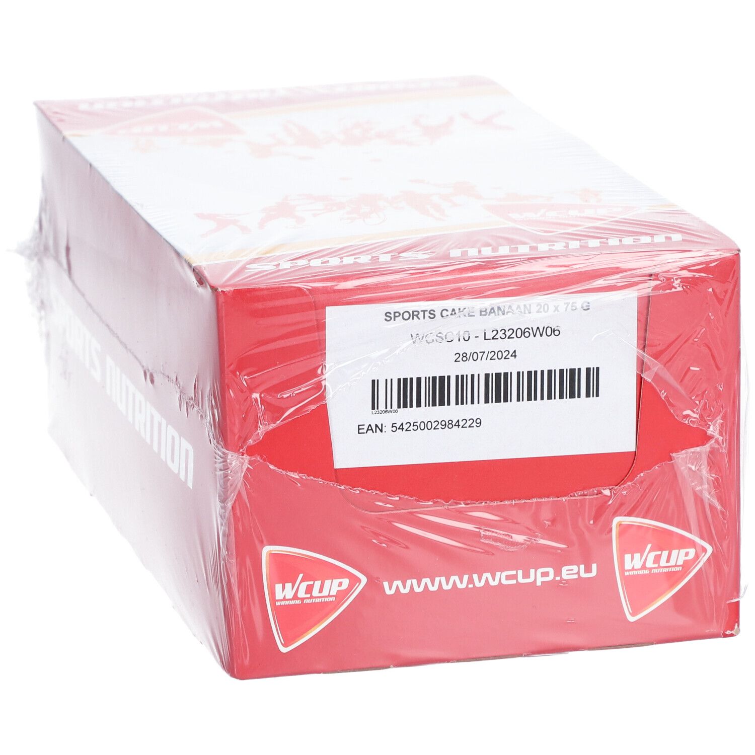 Rode kartonnen verpakking, transparant verpakt. Opschrift: SPORTS NUTRITION, WCUP, barcode, productinformatie.