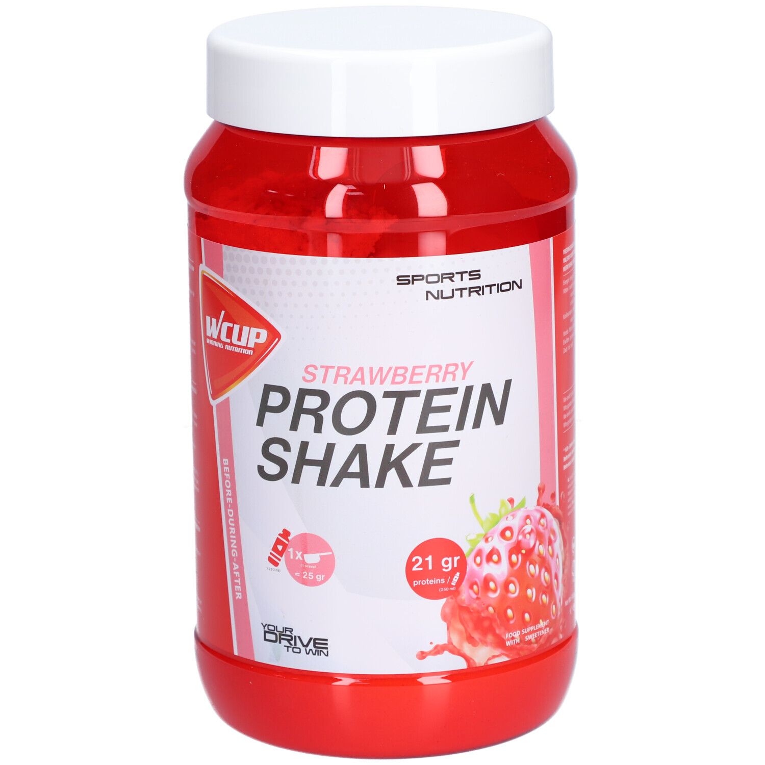 Pot rouge avec couvercle blanc. Inscription : WCUP, Strawberry Protein Shake. Illustration de fraise. 21 g de protéines.