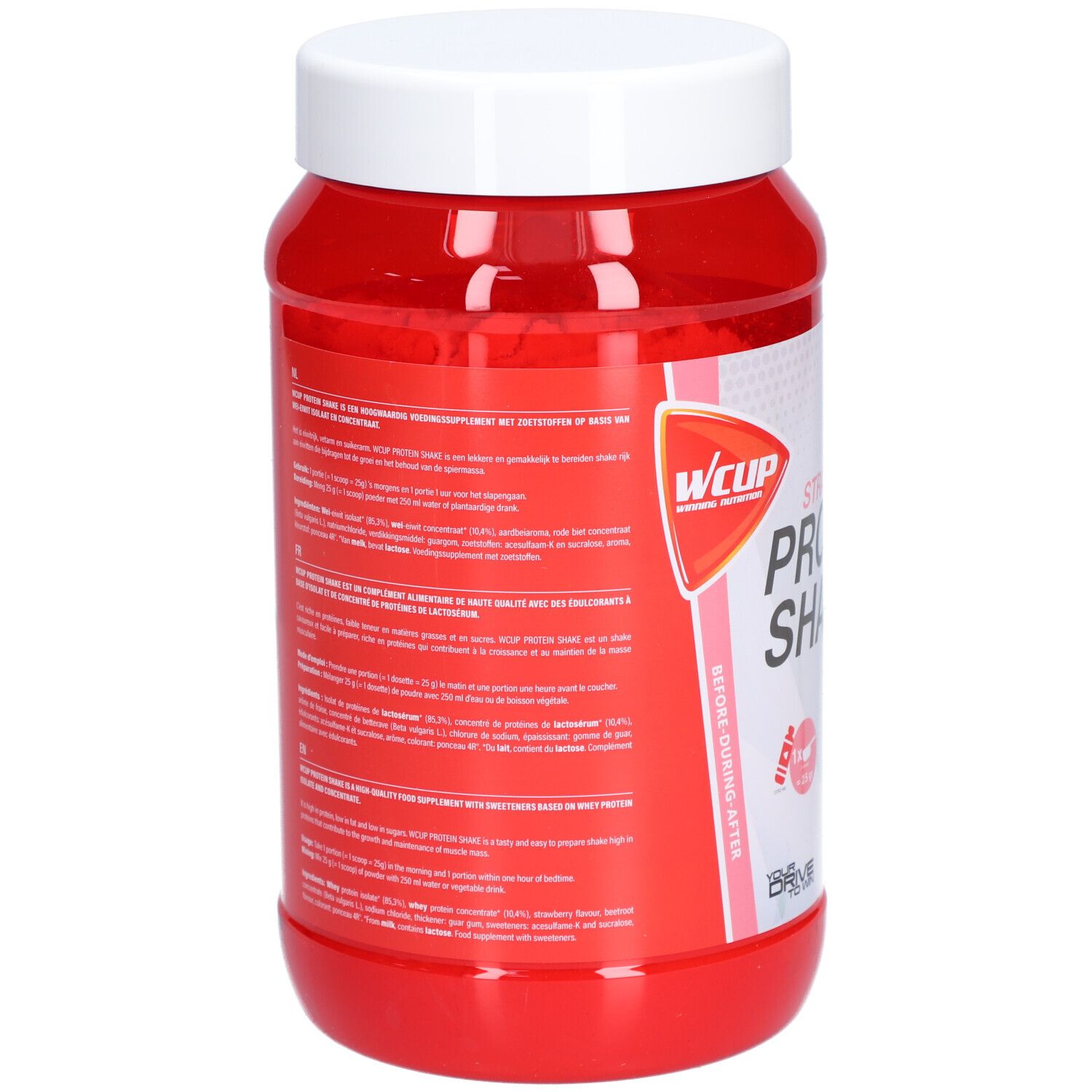 Pot rouge avec couvercle blanc. Dos avec texte. Logo WCUP. Texte en plusieurs langues. Informations sur le produit.