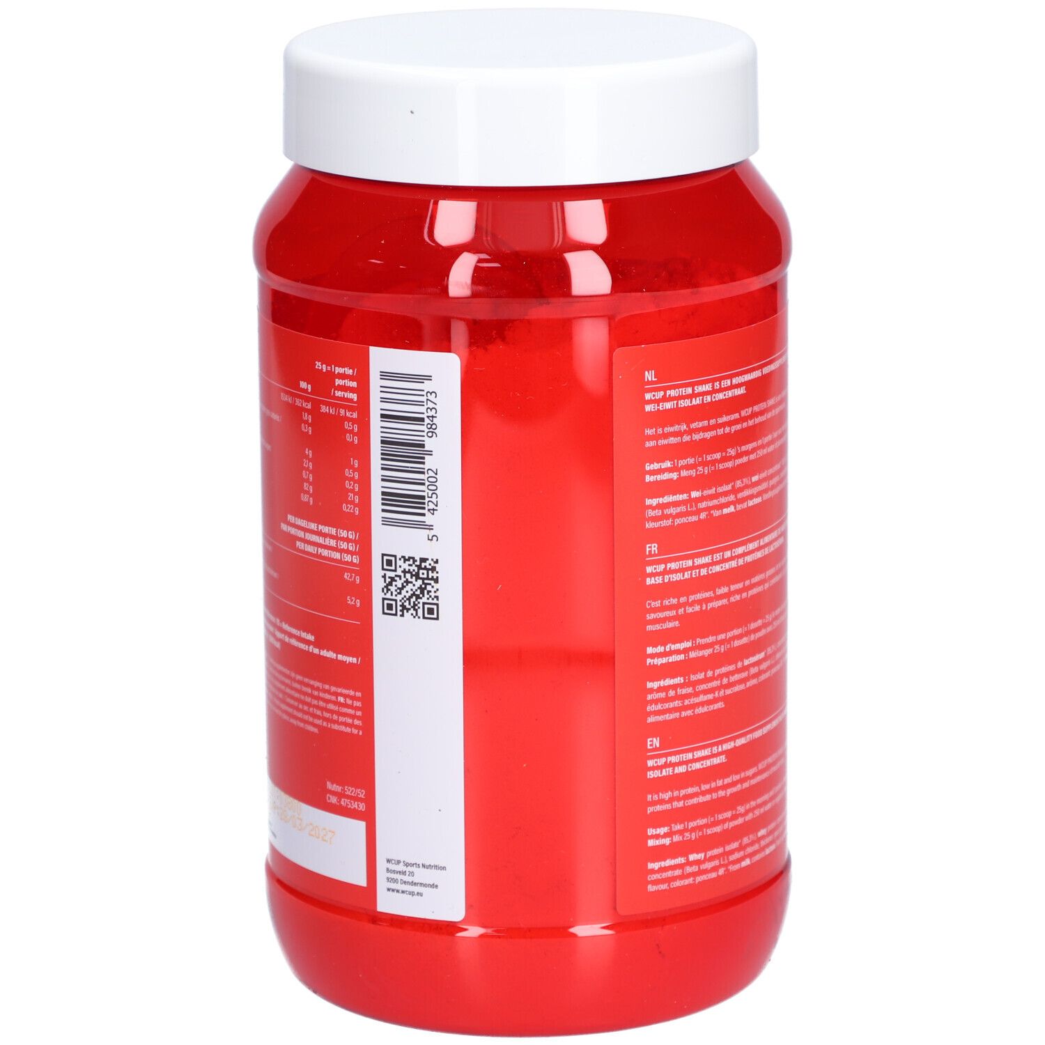 Pot rouge avec couvercle blanc. Dos avec texte et code QR. Informations sur le produit. Logo WCUP. Code-barres.