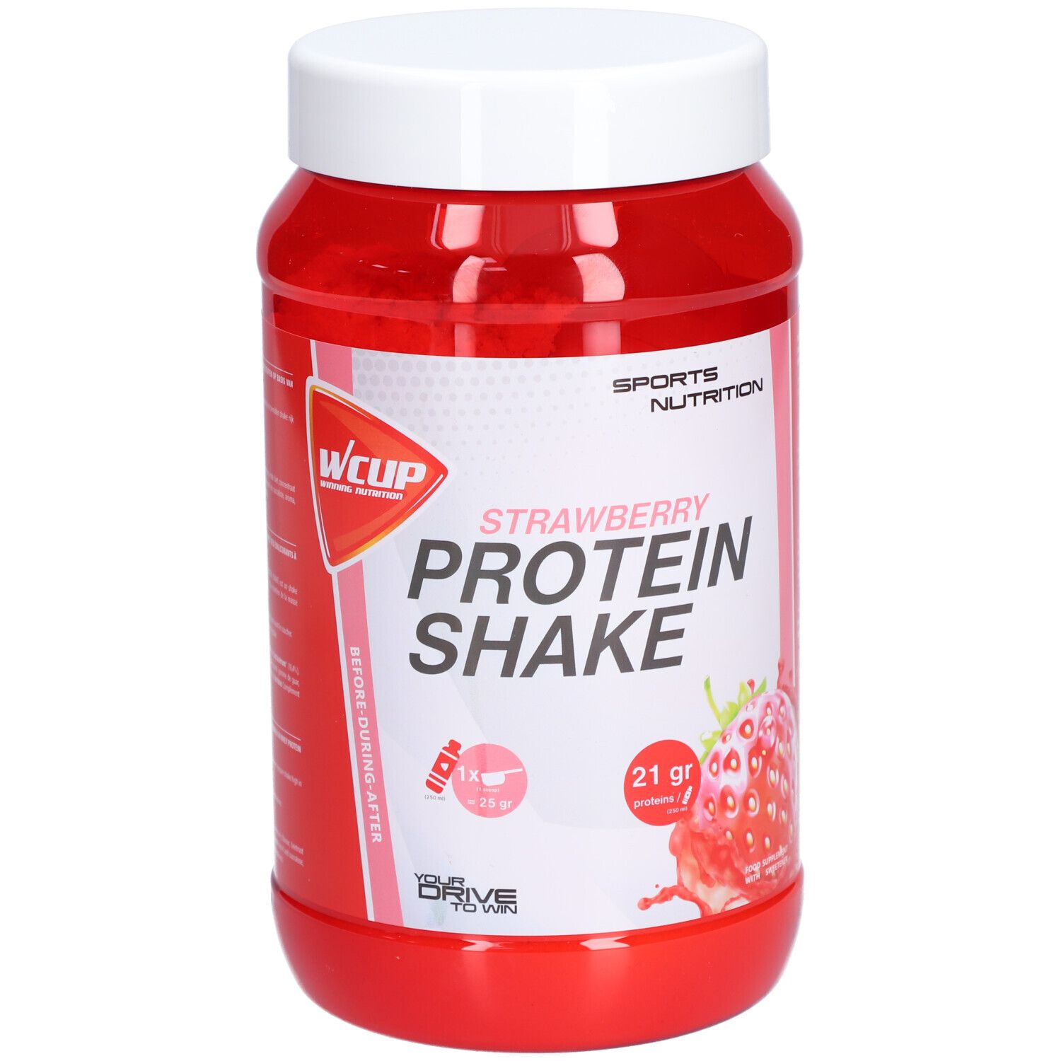 Pot rouge avec couvercle blanc. Inscription : WCUP, Strawberry Protein Shake. Illustration de fraise. 21 g de protéines.