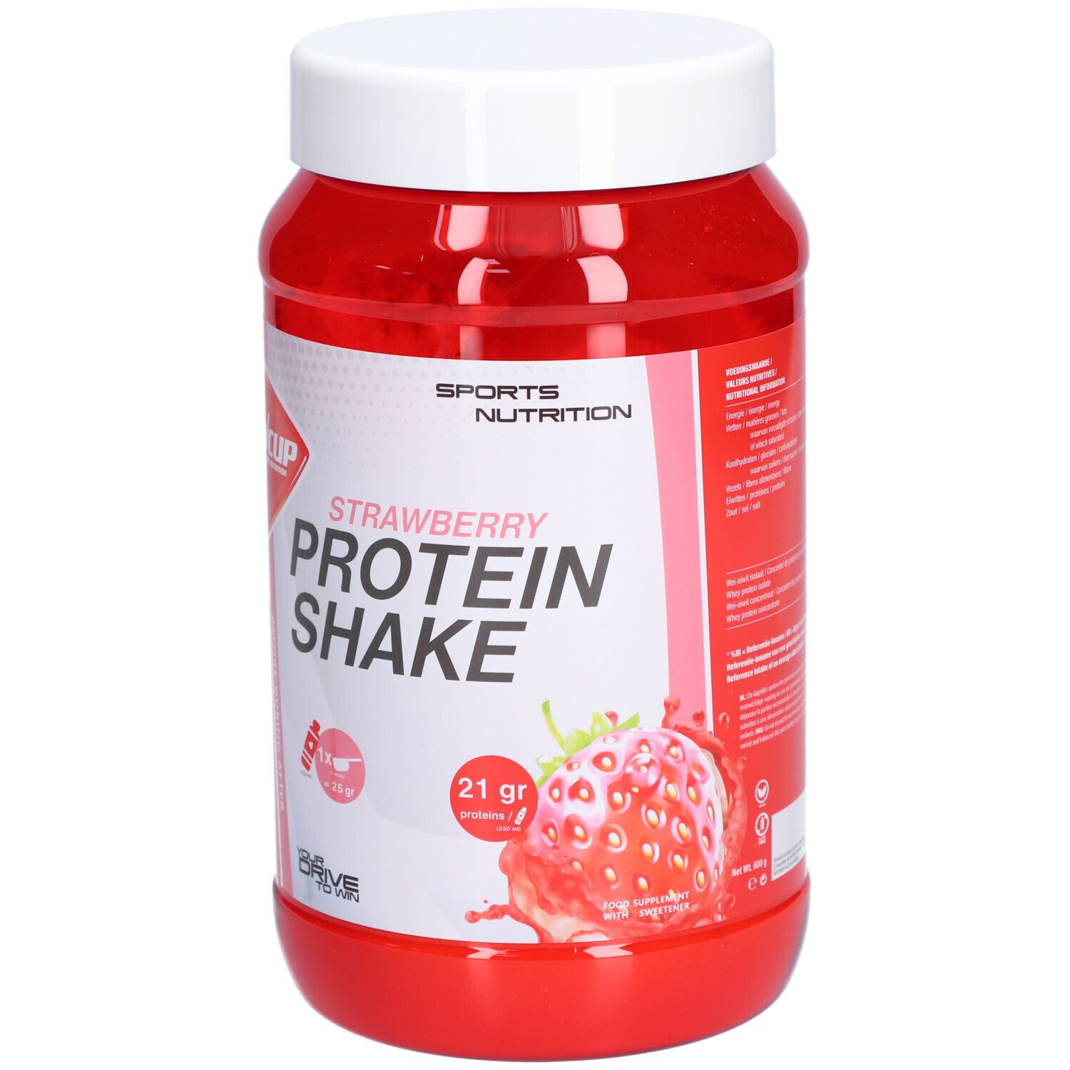 Pot rouge avec couvercle blanc. Inscription : WCUP, Strawberry Protein Shake. Illustration de fraise. 21 g de protéines.