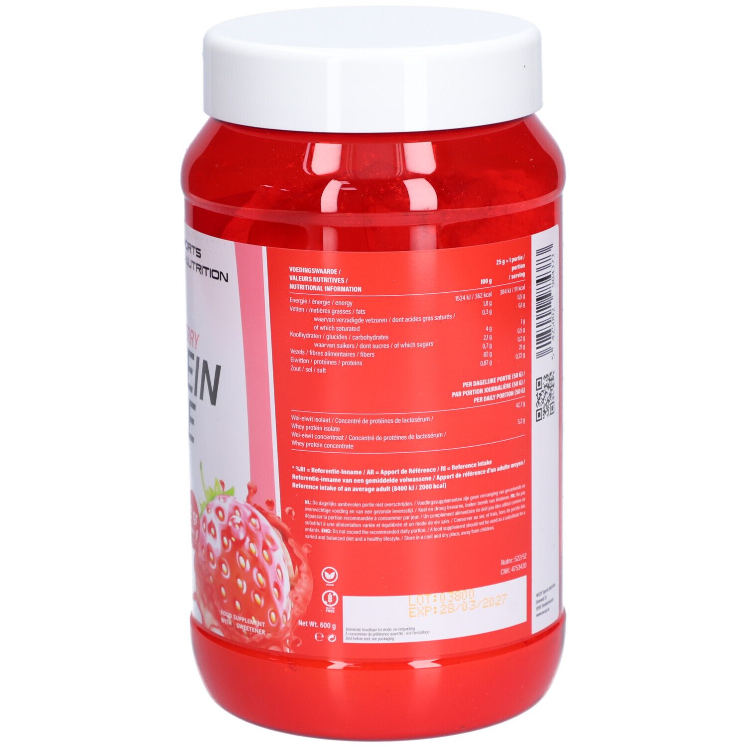 Pot rouge avec couvercle blanc. Dos avec texte et illustration de fraise. Informations produit. Logo WCUP.