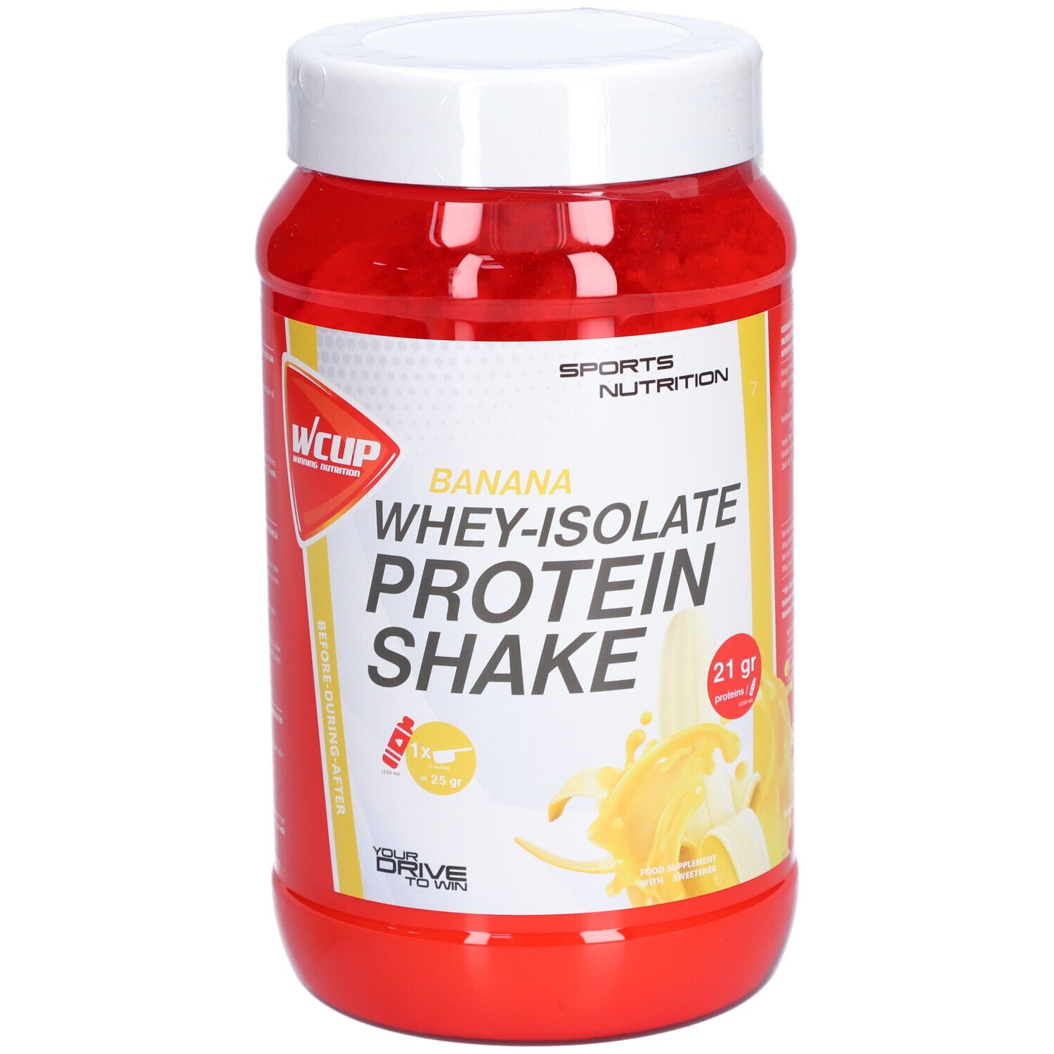 Rote Dose mit weißem Deckel. Aufschrift: Banana Whey-Isolate Protein Shake. Marke: WCUP. Gelbes Etikett mit Bananen-Illustration.