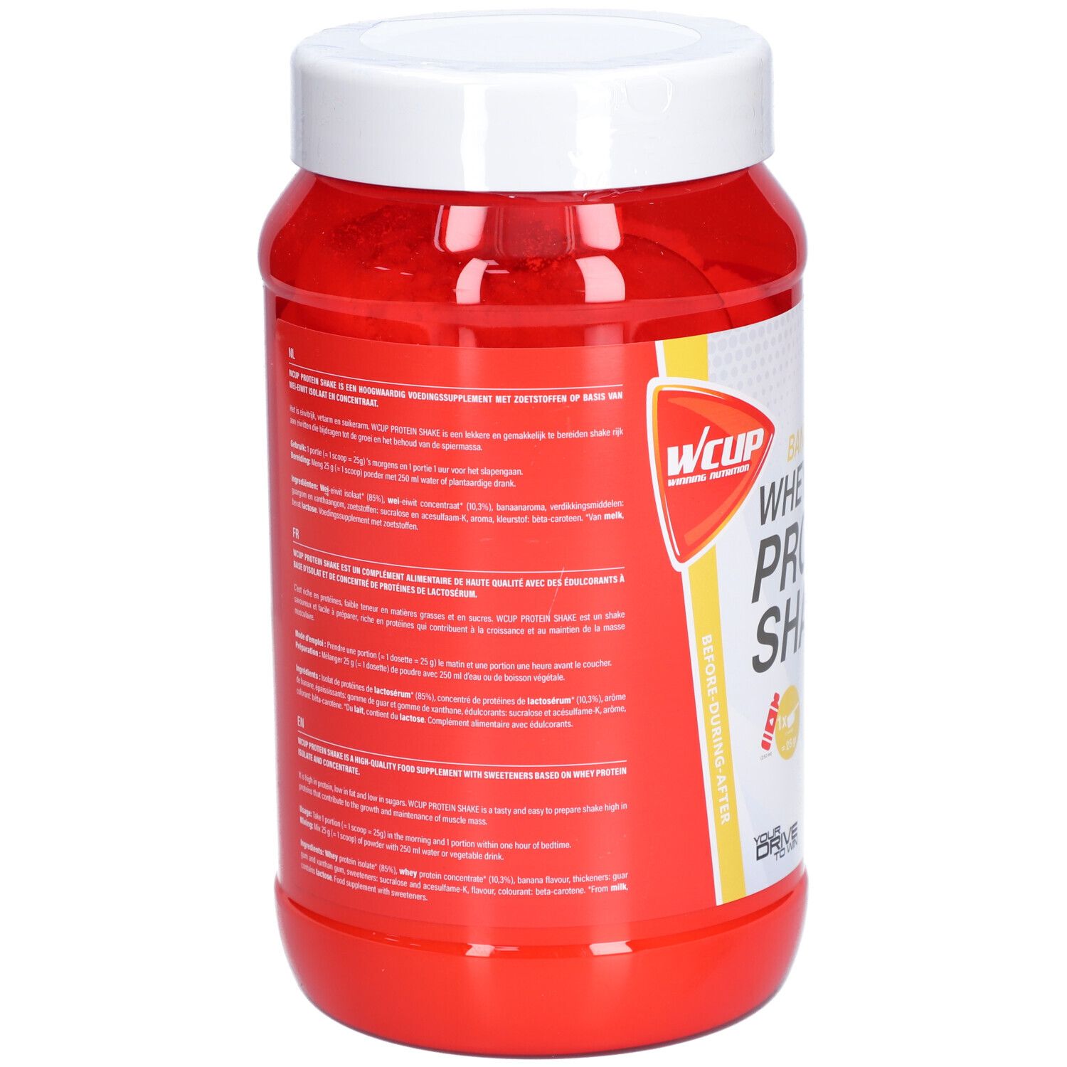 Rote Dose mit weißem Deckel. Rückseite mit Text in mehreren Sprachen. Marke: WCUP. Gelbes Etikett mit Produktinformationen.