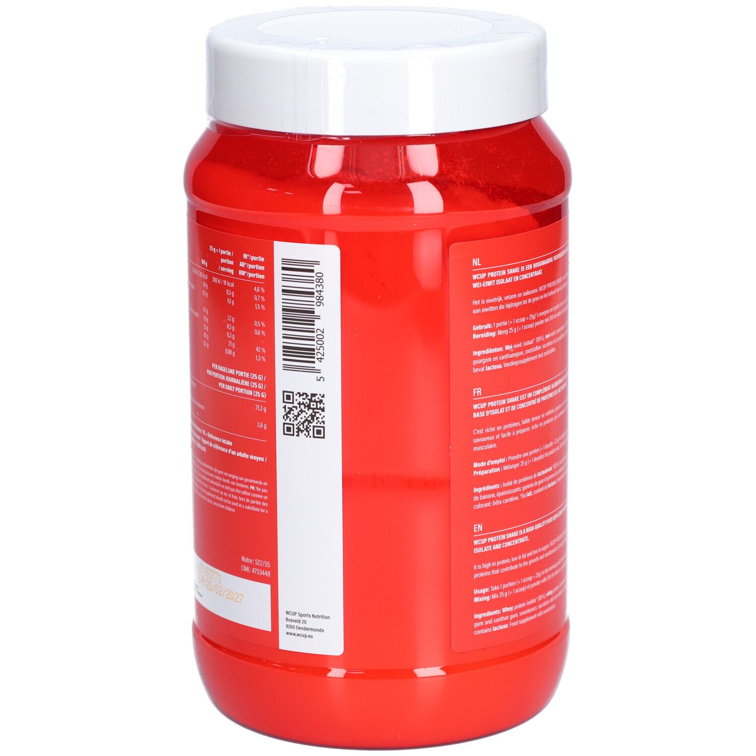 Rote Dose mit weißem Deckel. Rückseite mit weißem Etikett. QR-Code und Produktinformationen. Marke: WCUP.