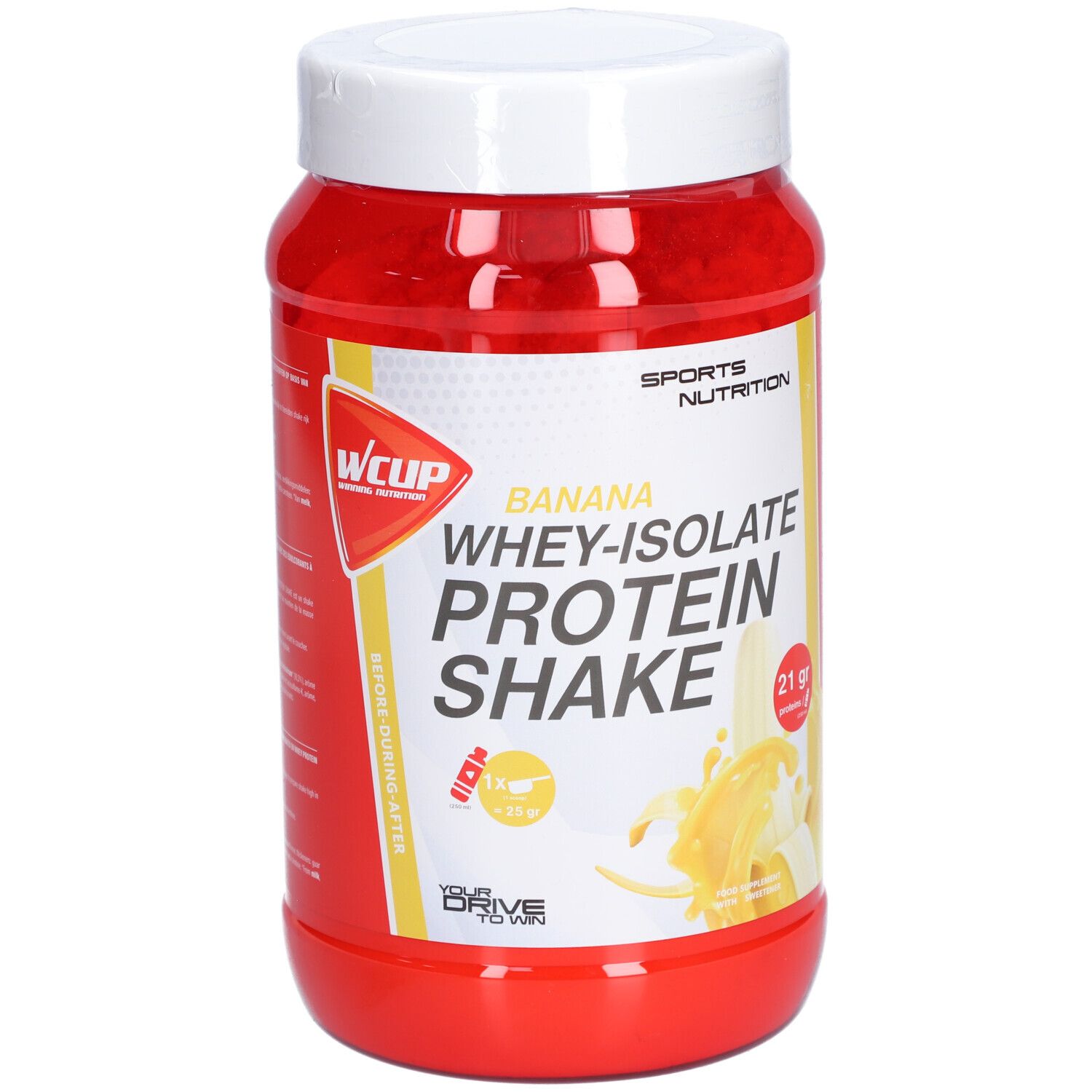 Rote Dose mit weißem Deckel. Aufschrift: Banana Whey-Isolate Protein Shake. Marke: WCUP. Gelbes Etikett mit Bananen-Illustration.