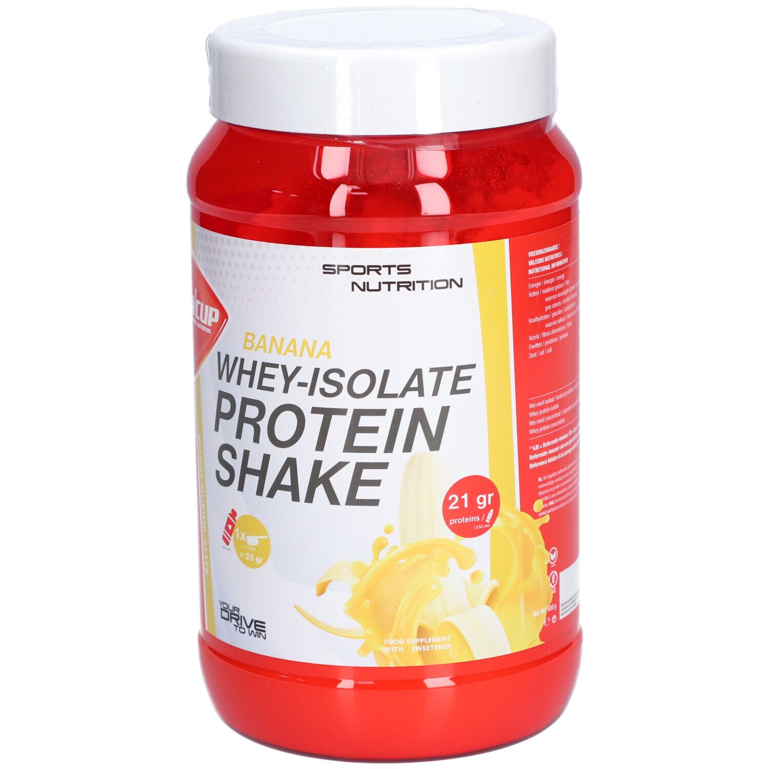 Rote Dose mit weißem Deckel. Aufschrift: Banana Whey-Isolate Protein Shake. Marke: WCUP. Gelbes Etikett mit Bananen-Illustration.
