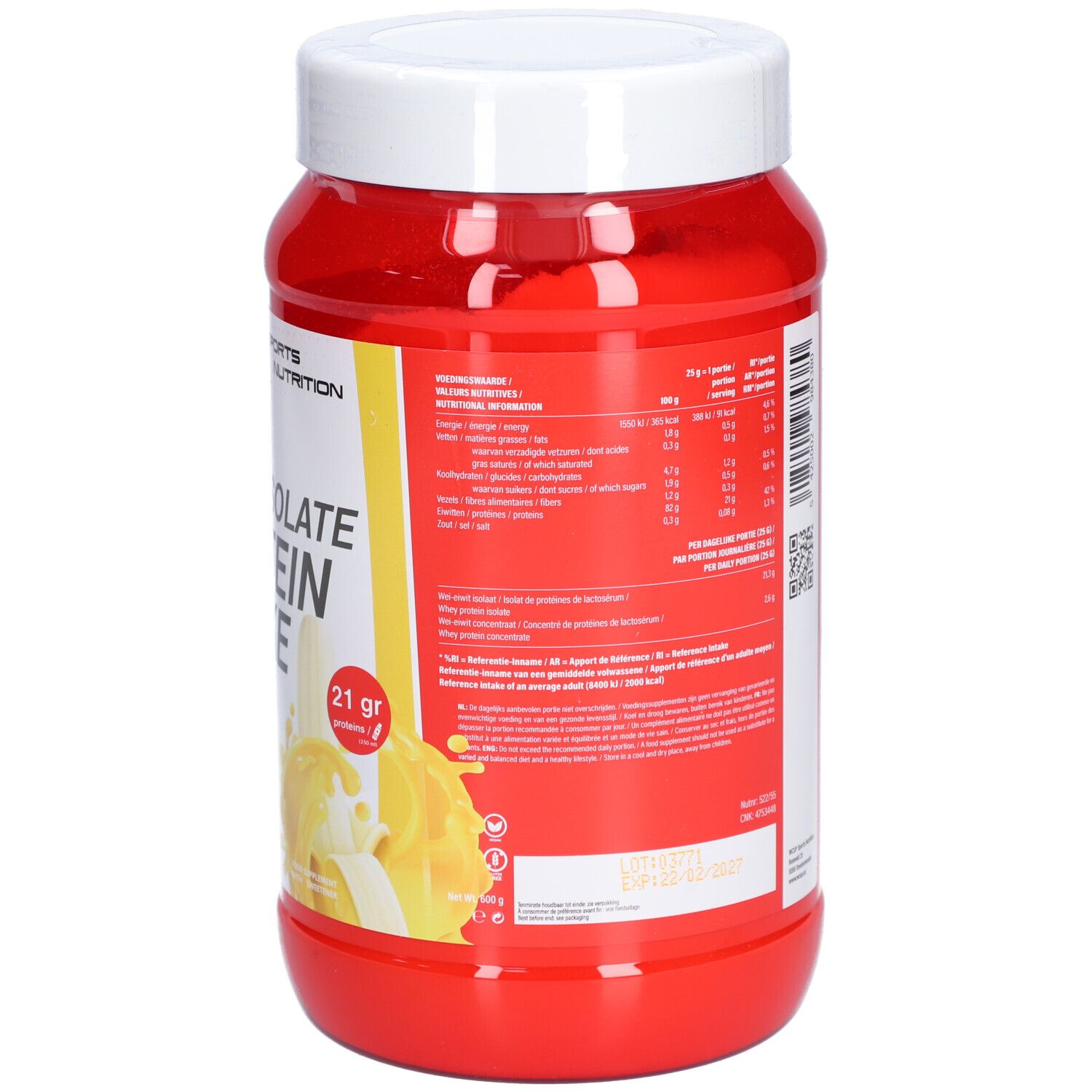 Rote Dose mit weißem Deckel. Rückseite mit Text in mehreren Sprachen. Marke: WCUP. Gelbes Etikett mit Produktinformationen.