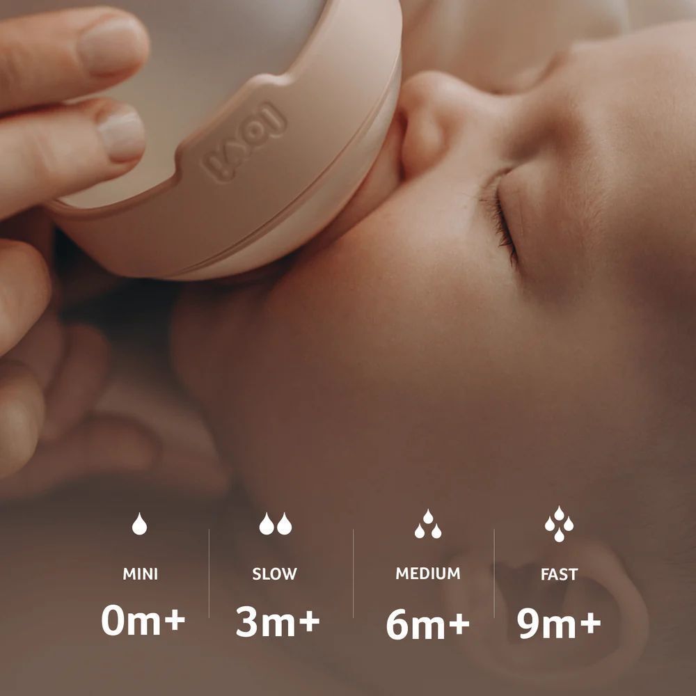 Bébé buvant au biberon. Texte : Mini, Slow, Medium, Fast. Indications d'âge.