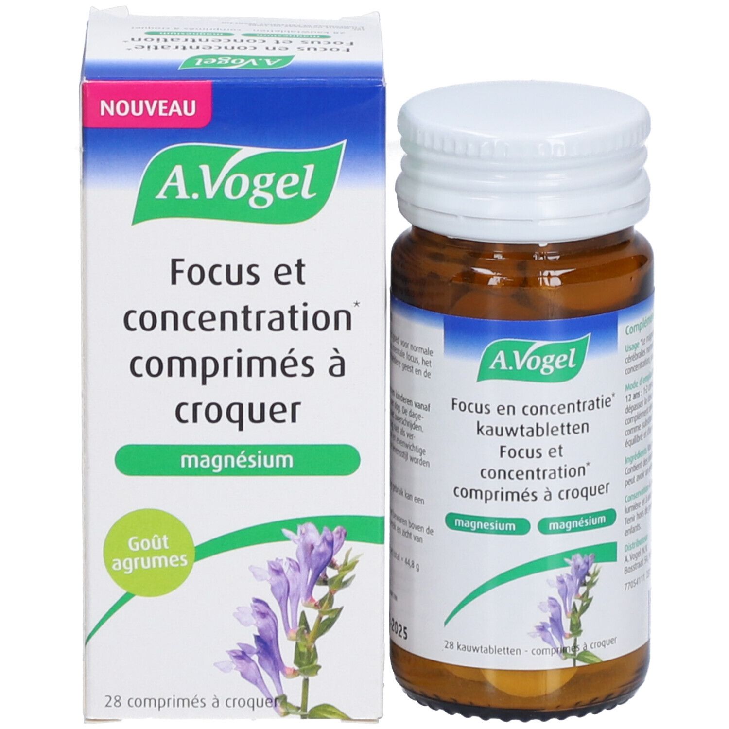Emballage du produit et flacon. Boîte blanche et flacon en verre brun avec bouchon blanc. Marque A. Vogel.