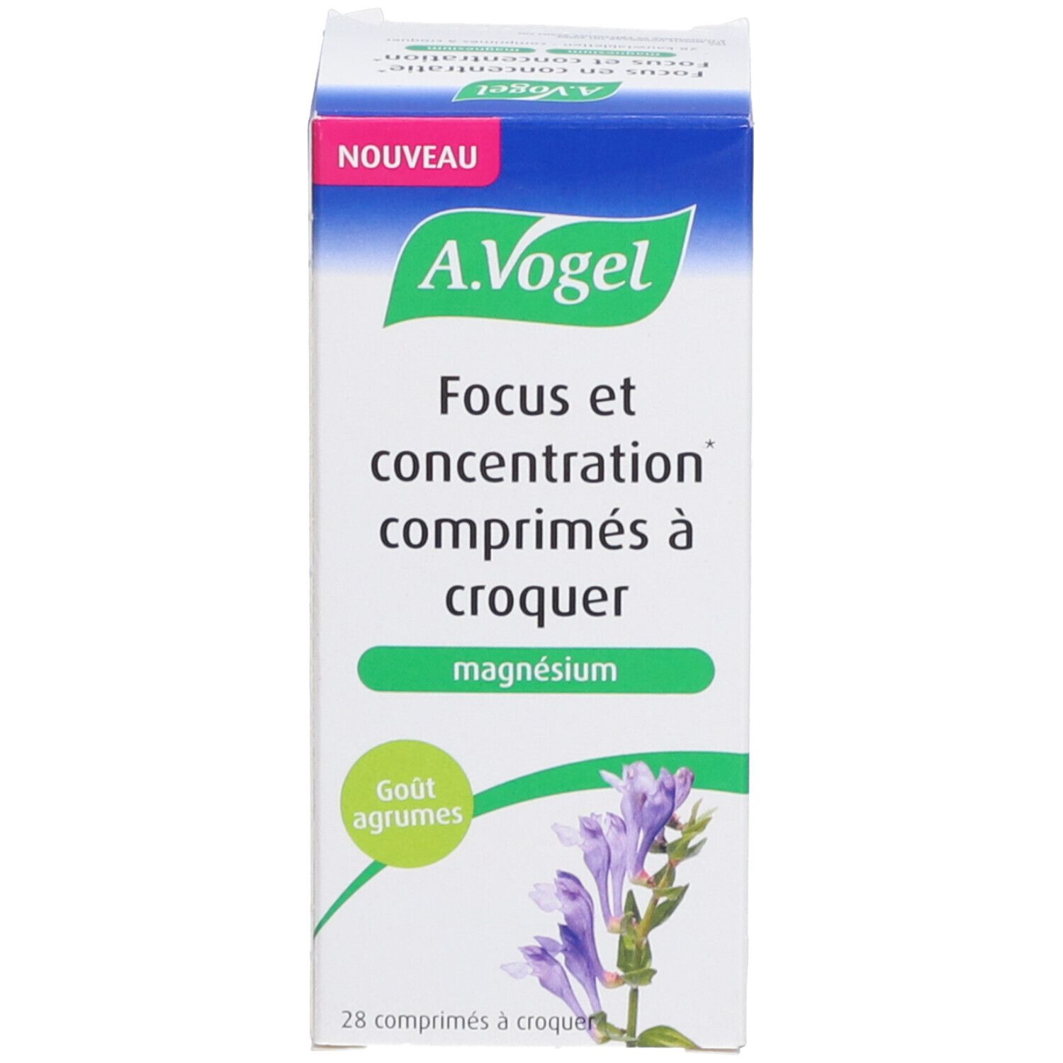 Boîte blanche avec nom du produit et marque A. Vogel. Contient 28 comprimés à croquer. Avec l'inscription 'Nouveau'.