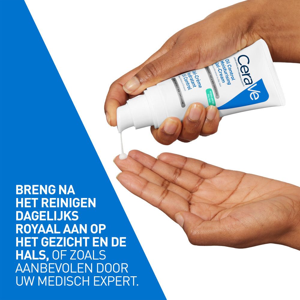 Handen die CeraVe Gel-Crème Hydratant Oil Control uitknijpen. Productnaam en info zichtbaar.
