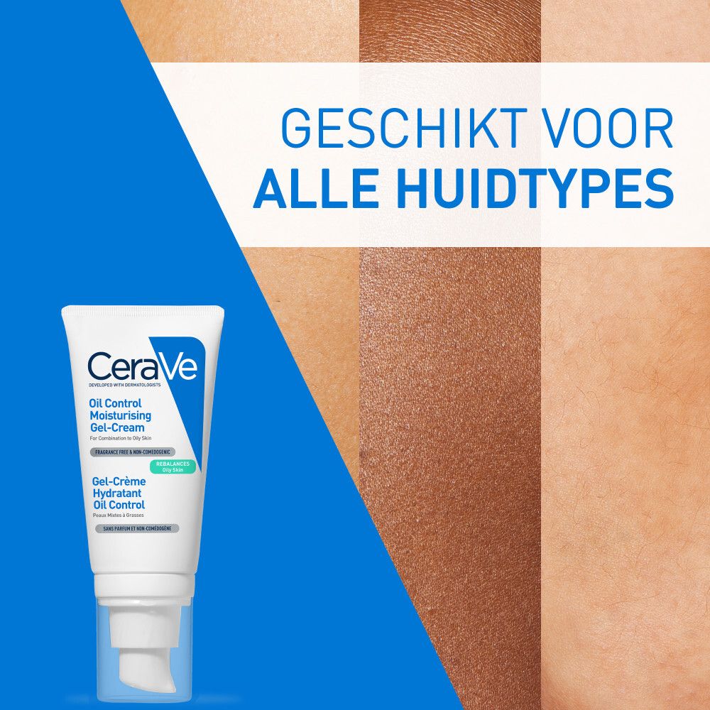 Tube CeraVe Gel-Crème Hydratant Oil Control naast huidvoorbeelden. Geschikt voor alle huidtypes.