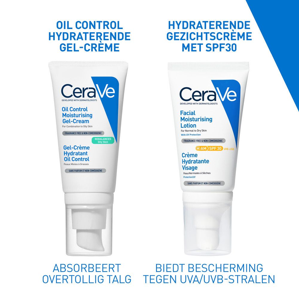 Vergelijking: CeraVe Oil Control Gel-Crème en gezichtscrème met SPF30. Beide tubes.
