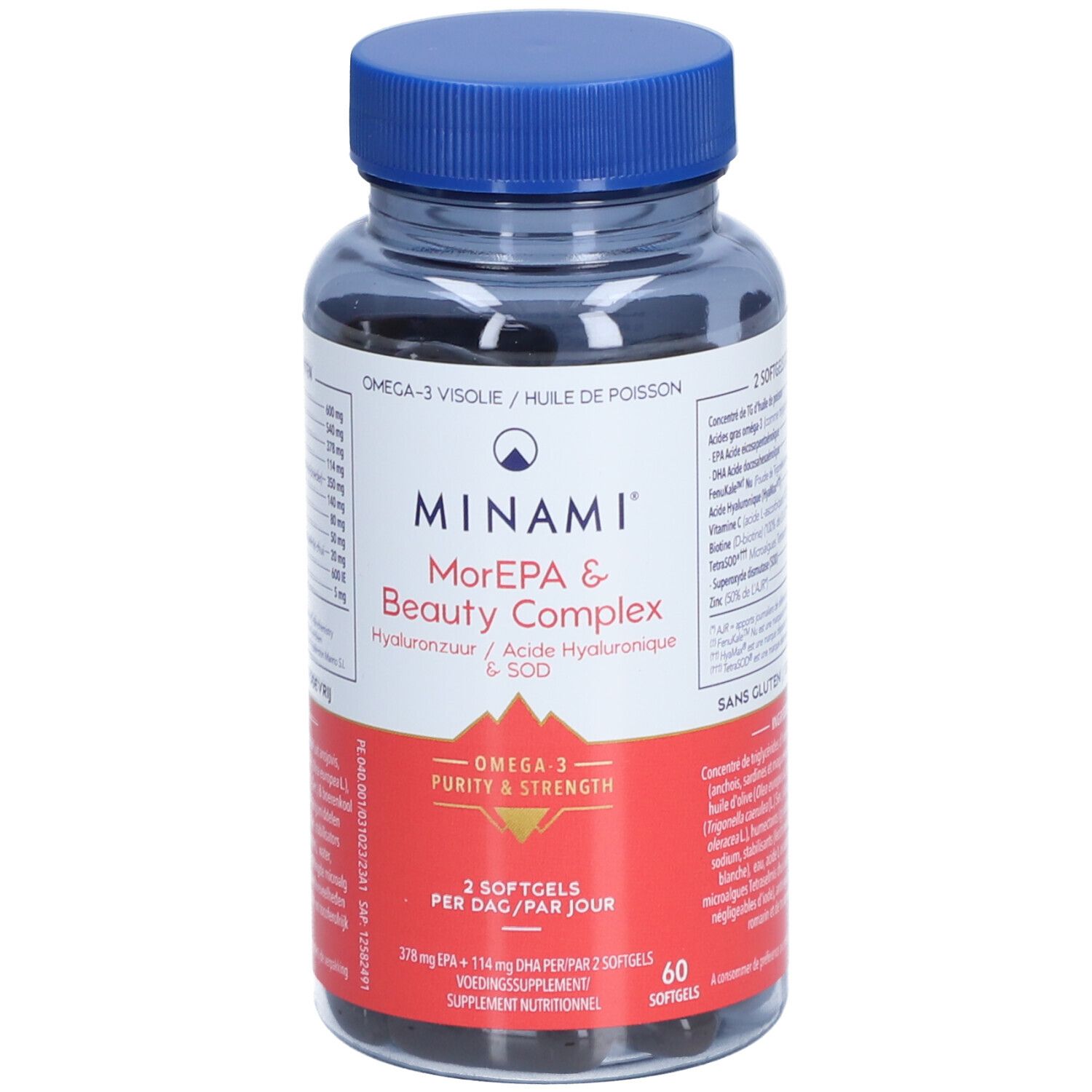 Transparante fles met blauwe dop. Bevat zwarte softgels. Etiket met productnaam, ingrediënten en Omega-3 logo.