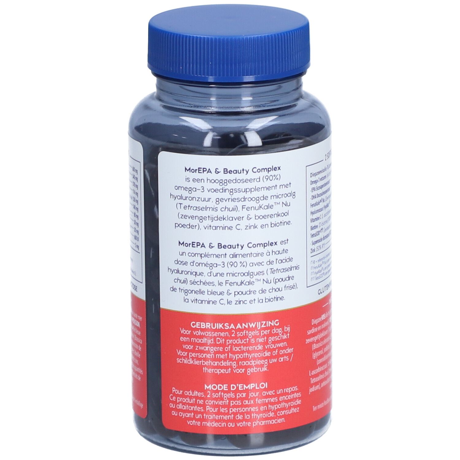 Fles met productinformatie. Bevat softgels. Tekst: 'MoEPA & Beauty Complex'. Gebruiksaanwijzing in het Nederlands en Frans.