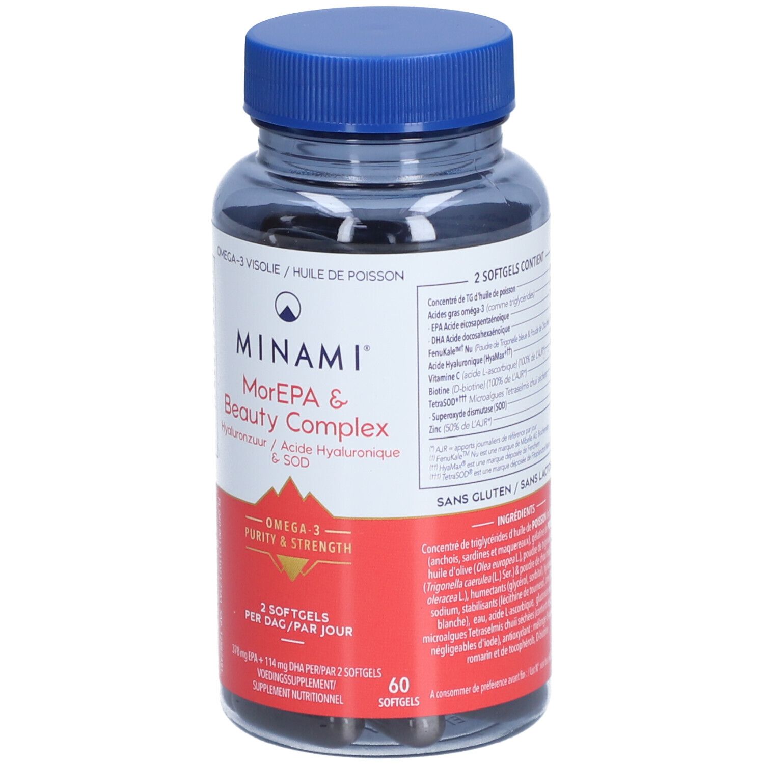 Transparante fles met blauwe dop. Bevat zwarte softgels. Etiket met productnaam, ingrediënten en Omega-3 logo.