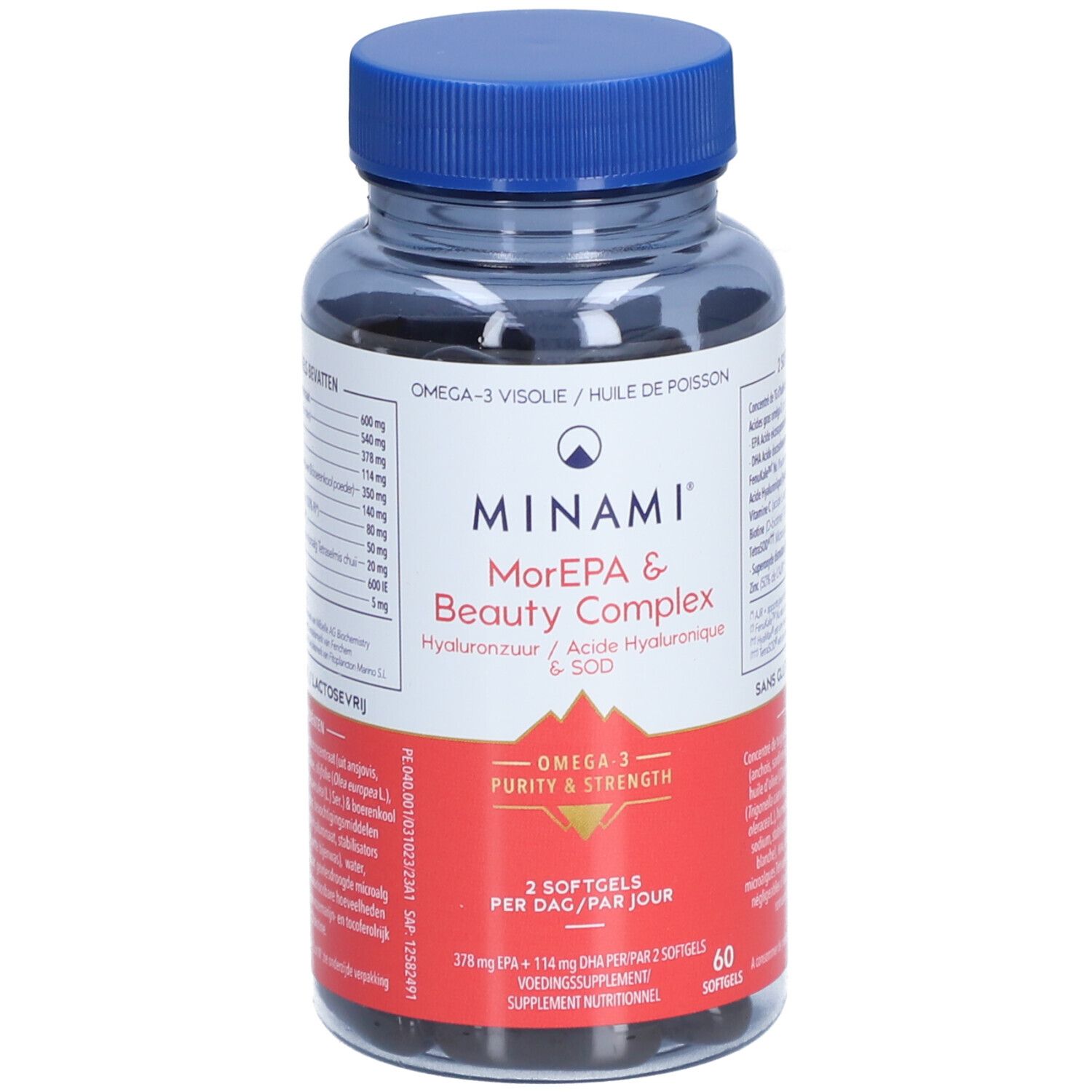 Transparante fles met blauwe dop. Bevat zwarte softgels. Etiket met productnaam, ingrediënten en Omega-3 logo.