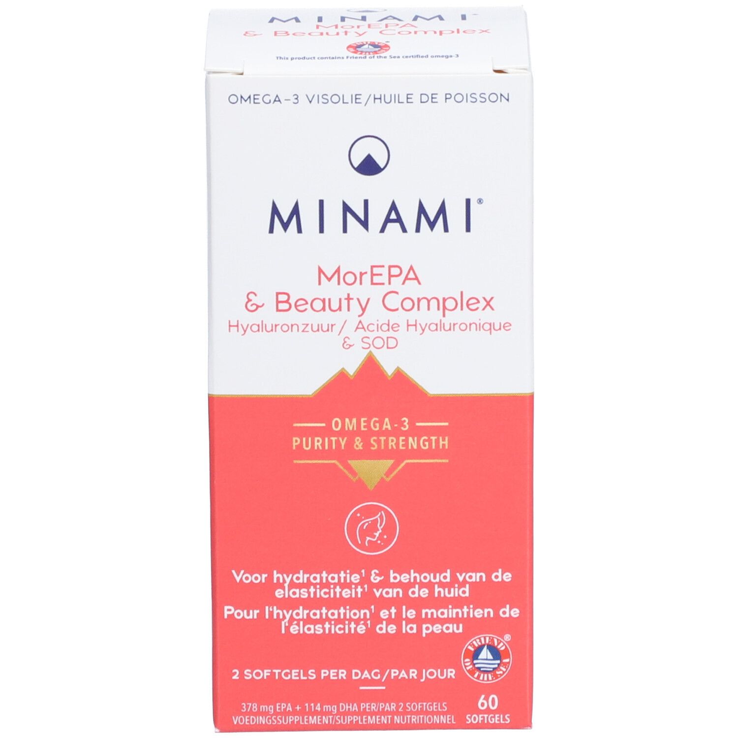 Kartonnen verpakking met productnaam, logo en informatie. Bevat productinformatie en Omega-3 logo.