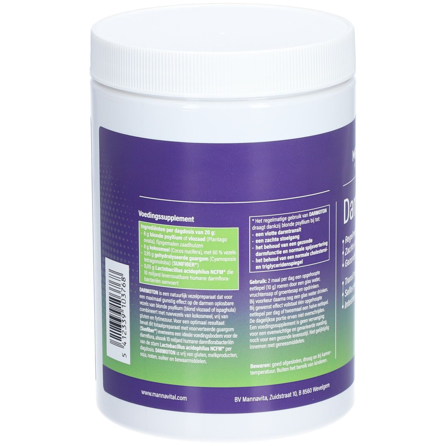 Dos d'un produit cylindrique blanc. Étiquette violette avec texte. Contient des informations sur les ingrédients.