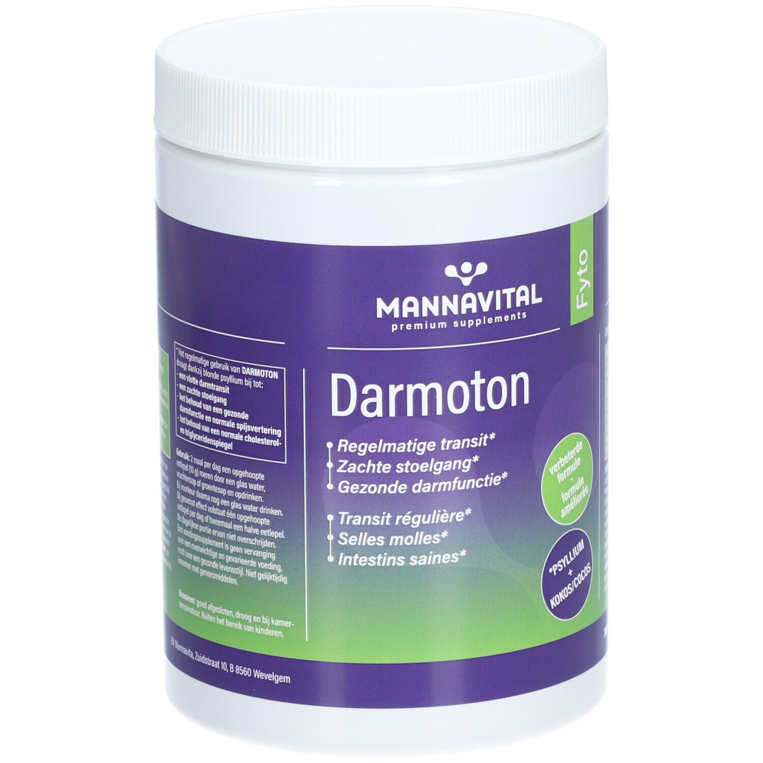 Produit cylindrique blanc avec étiquette violette. Inscription: MannaVital Darmoton. Contient psyllium et noix de coco.