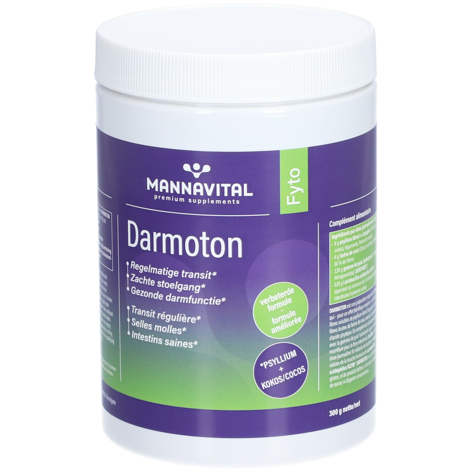 Produit cylindrique blanc avec étiquette violette. Inscription: MannaVital Darmoton. Contient psyllium et noix de coco.