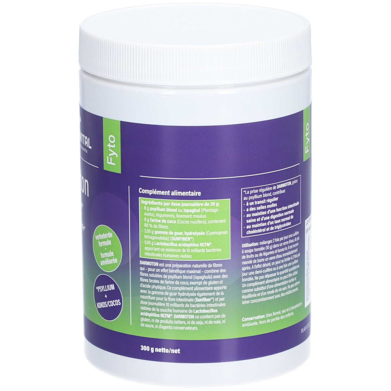 Dos d'un produit cylindrique blanc. Étiquette violette avec texte. Contient des informations sur les ingrédients.