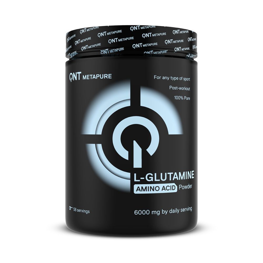 Boîte noire avec texte blanc. Contient de la L-Glutamine. Inscription: QNT Metapure, 100% Pure, 6000 mg par portion.