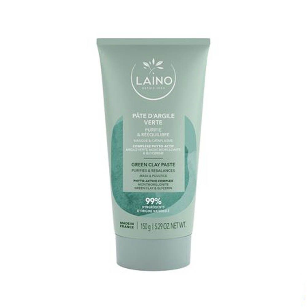 Tube de pâte d'argile verte. Inscription : Pâte d'Argile Verte, 99% d'ingrédients d'origine naturelle.