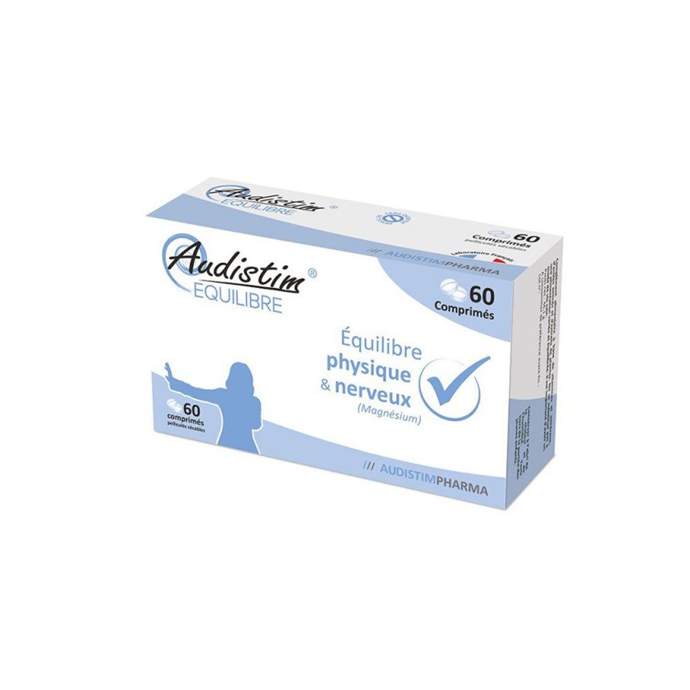 Boîte Audistim Équilibre. 60 comprimés. Emballage bleu et blanc. Contient du magnésium. Marque Audistim.