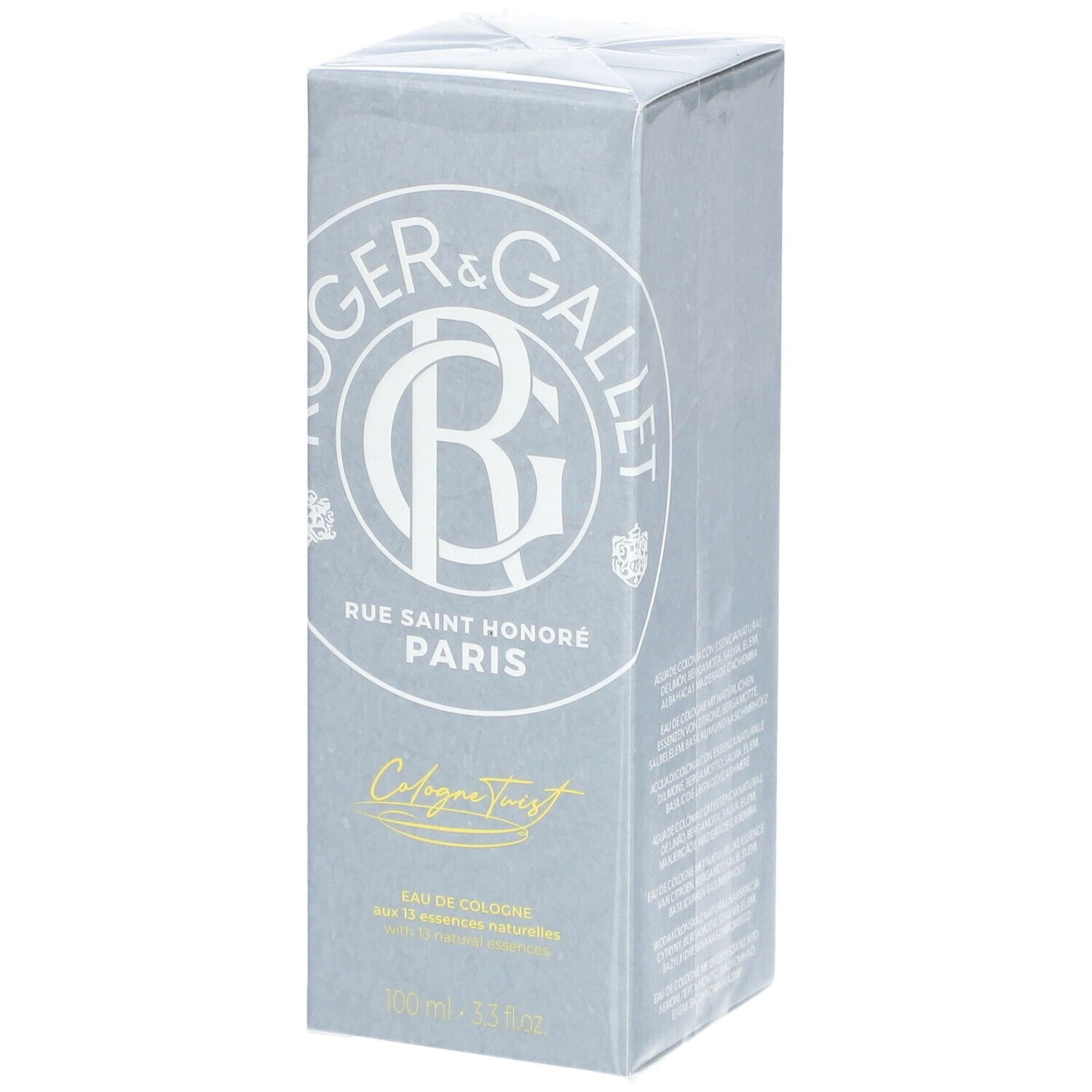 Grijze doos. Logo en tekst. Opschrift: Eau de Cologne. 100ml.