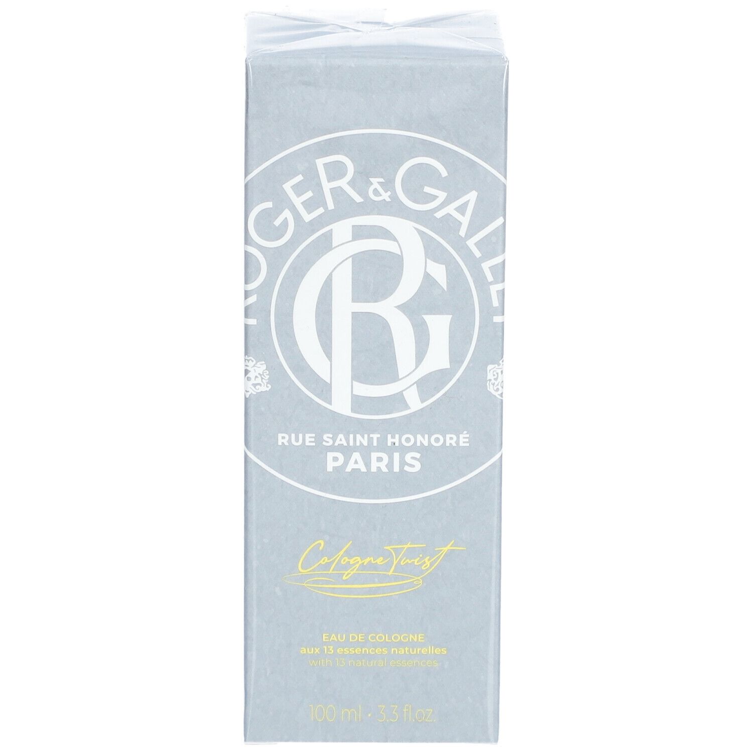 Grijze doos. Logo en tekst. Opschrift: Eau de Cologne. 100ml.