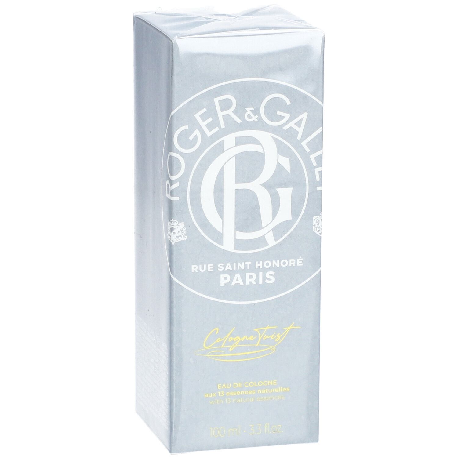 Grijze doos. Logo en tekst. Opschrift: Eau de Cologne. 100ml.
