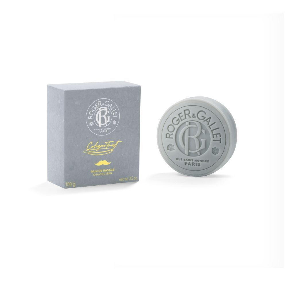 Boîte grise et savon à raser. Logo et texte. Savon rond avec logo. Texte: Cologne Twist, Pain de Rasage.