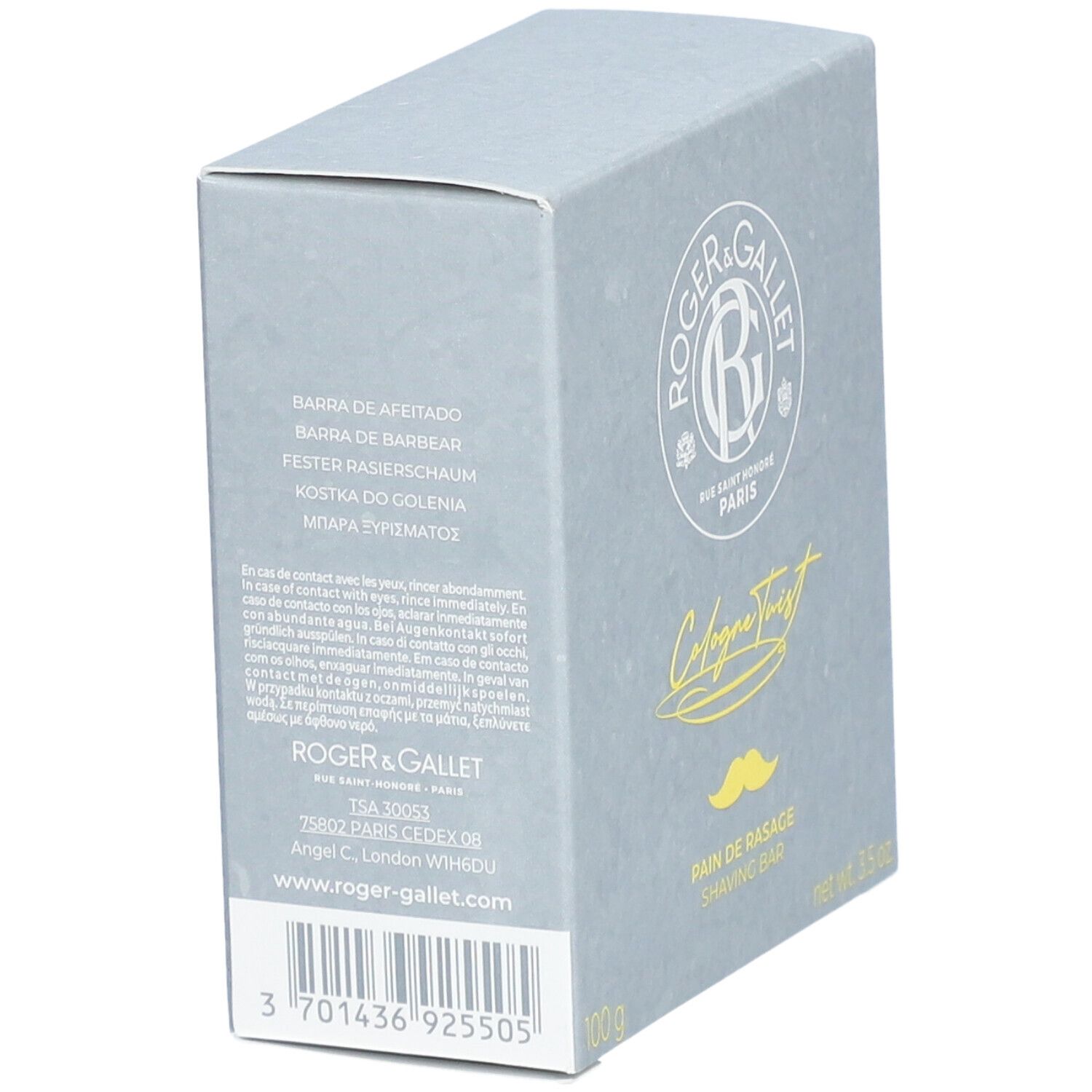 Boîte grise. Logo et texte. Texte: Cologne Twist, Pain de Rasage, 100 g, net wt. 3.5 oz. Texte au dos.