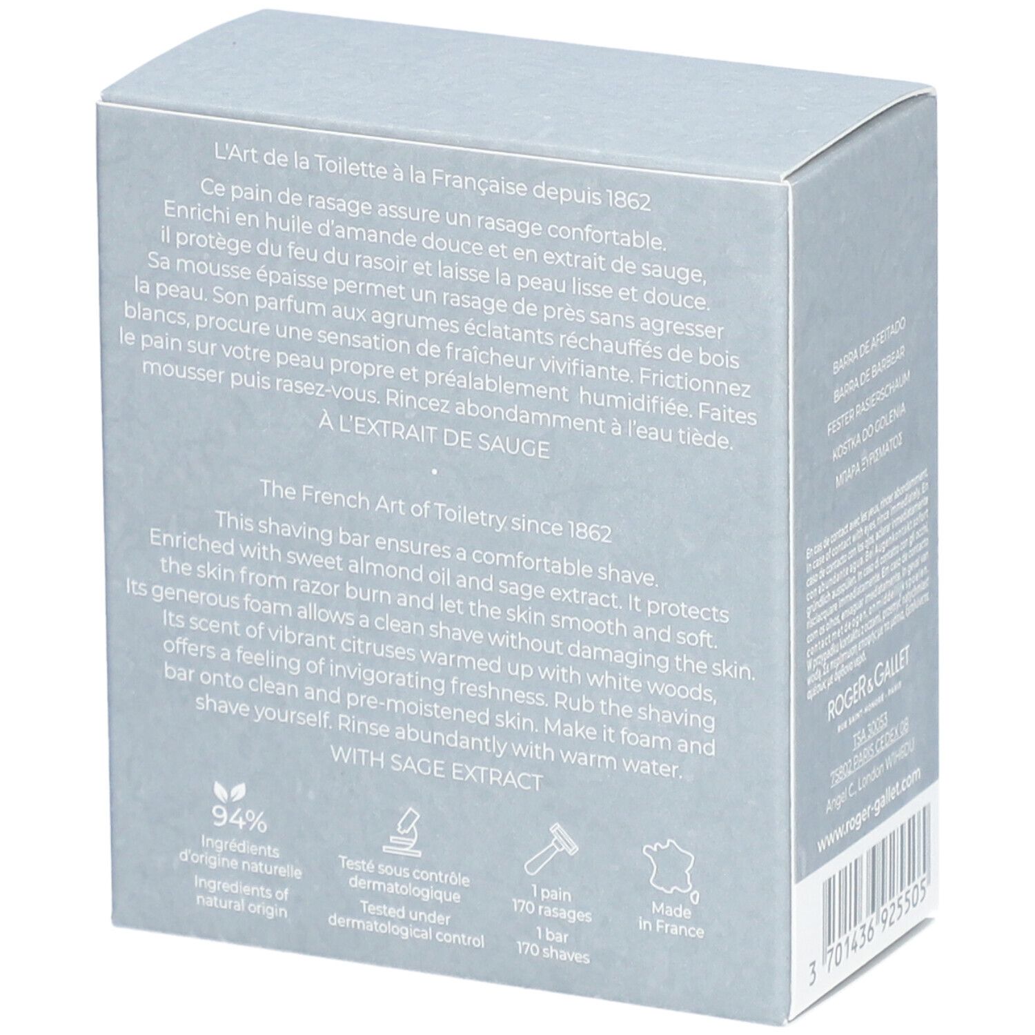 Boîte grise. Logo et texte. Texte: Cologne Twist, Pain de Rasage, 100 g, net wt. 3.5 oz. Texte au dos.