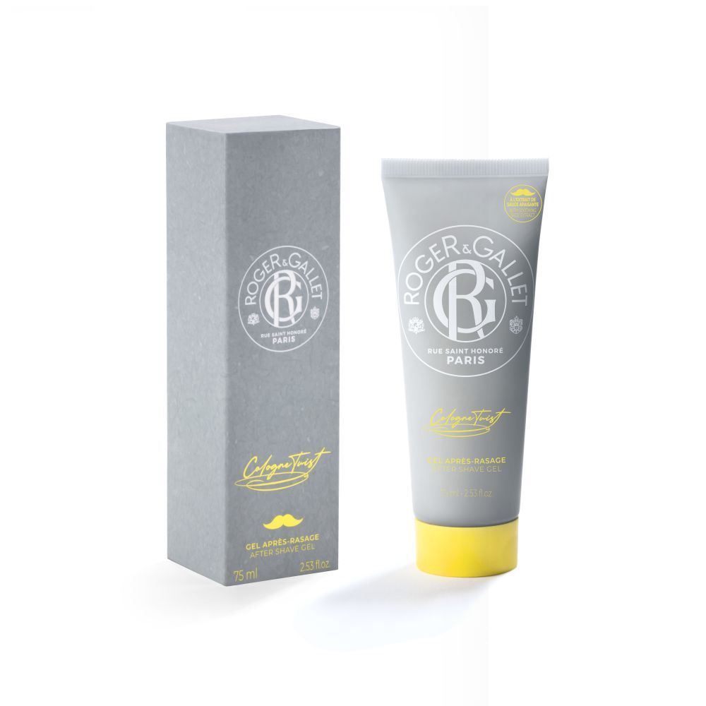 Tube et boîte grises. Inscription Roger & Gallet, Cologne Twist, Gel Après Rasage. Tube de gel avec bouchon jaune.
