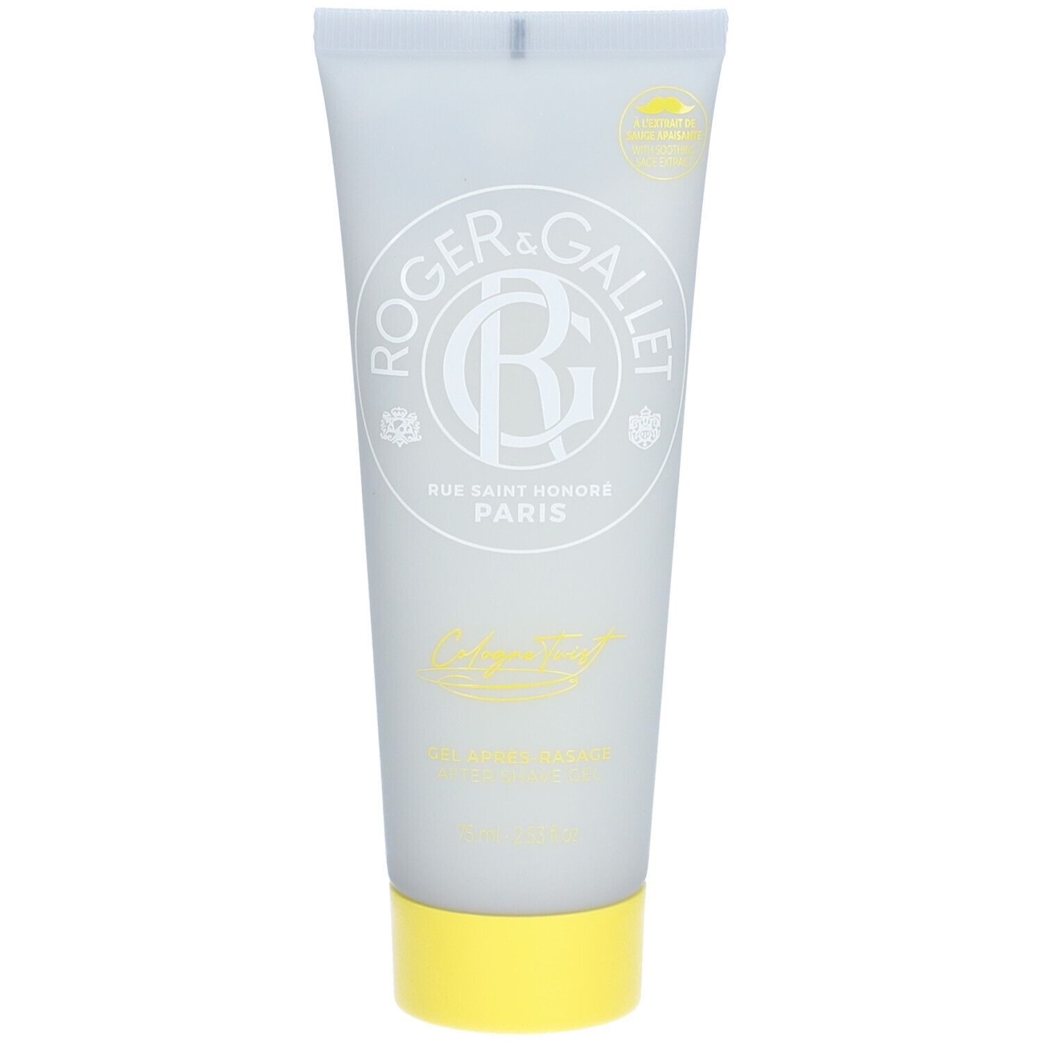 Tube gris avec bouchon jaune. Inscription Roger & Gallet, Rue Saint Honoré Paris, Cologne Twist, Gel Après Rasage.