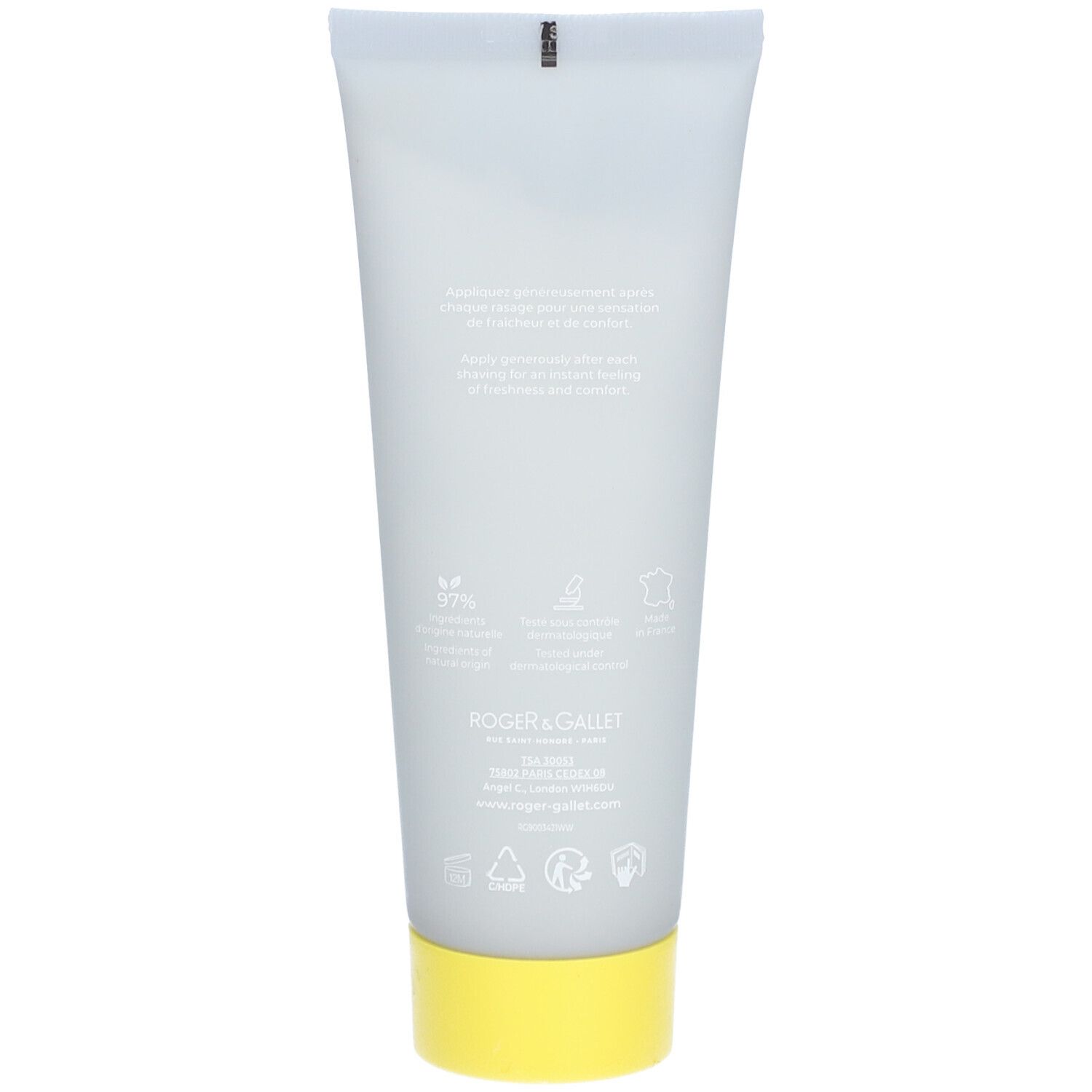 Dos du tube gris avec bouchon jaune. Texte et logos. Inscription Roger & Gallet.