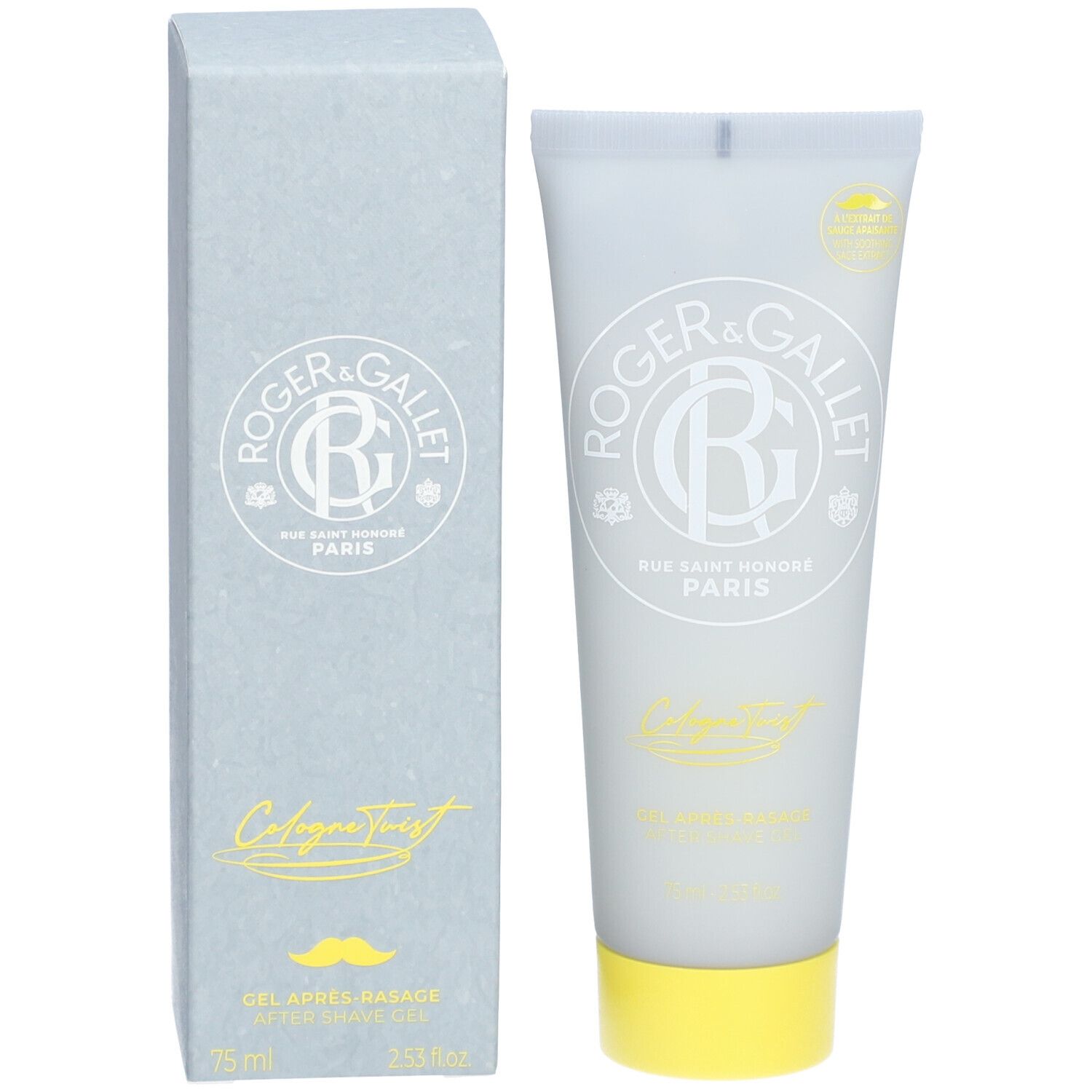 Boîte et tube gris. Inscription Roger & Gallet, Cologne Twist, Gel Après Rasage. Tube avec bouchon jaune.