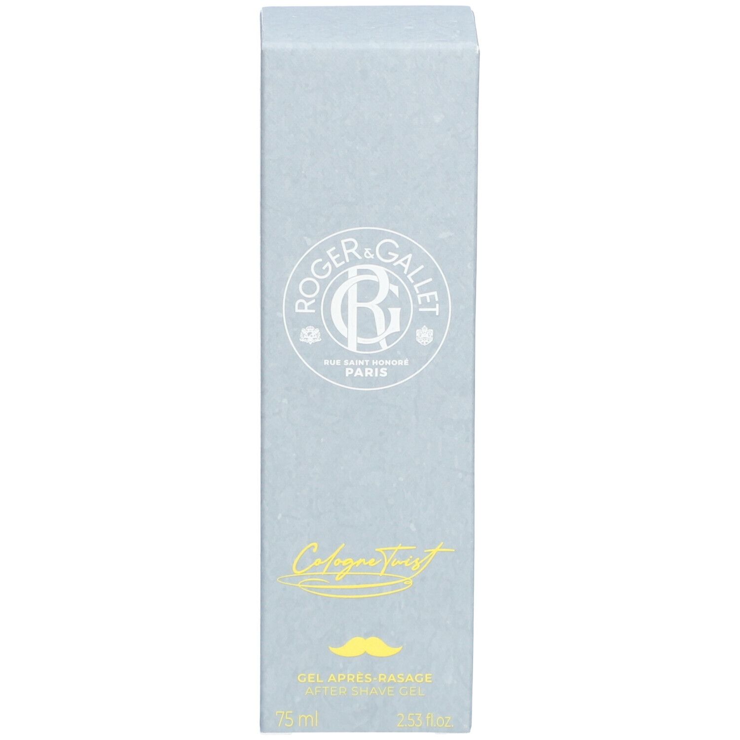 Boîte grise. Inscription Roger & Gallet, Cologne Twist, Gel Après Rasage. Boîte de gel.