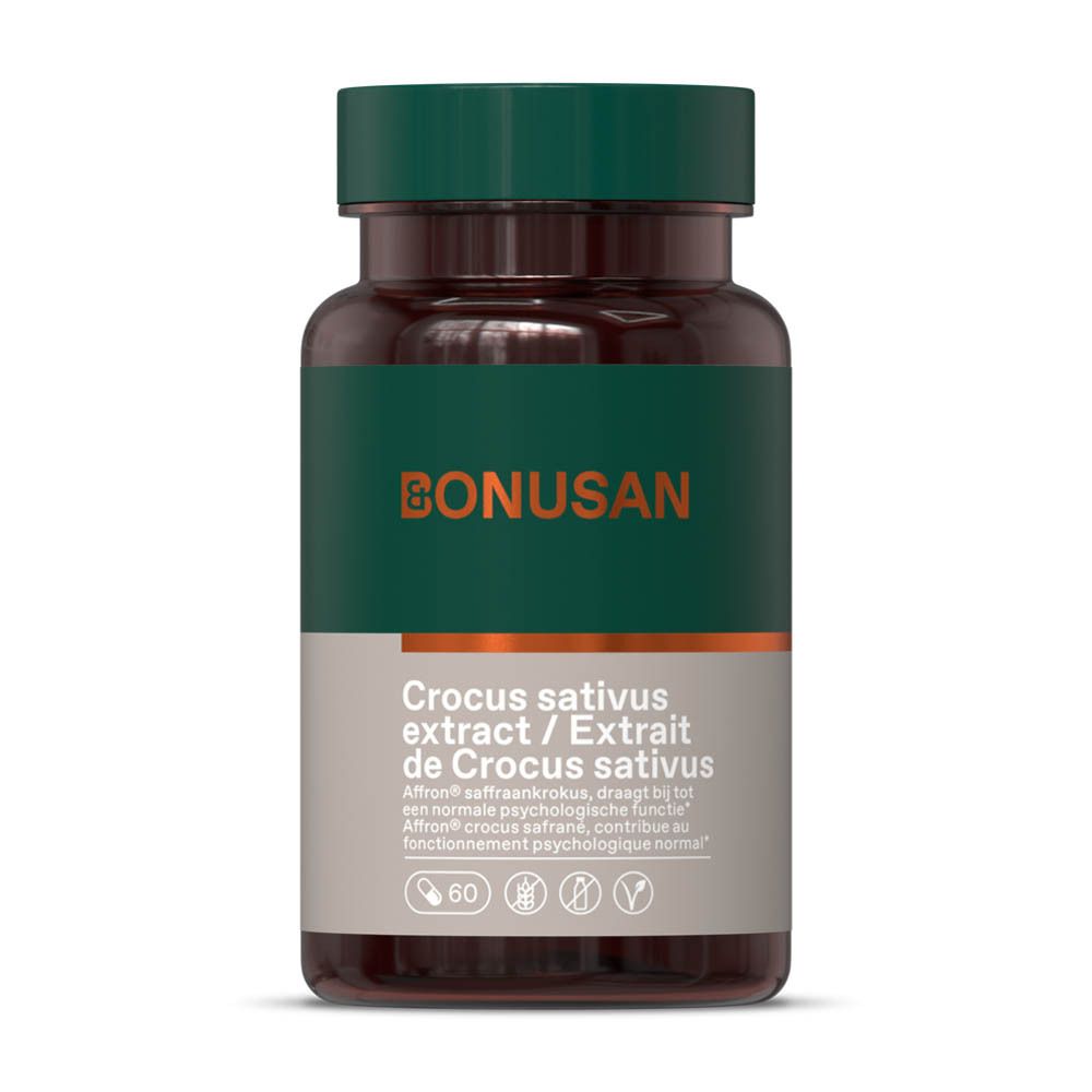 Bruine fles met groene dop. Opschrift: Bonusan. Crocus sativus extract / Extrait de Crocus sativus. 60 capsules.