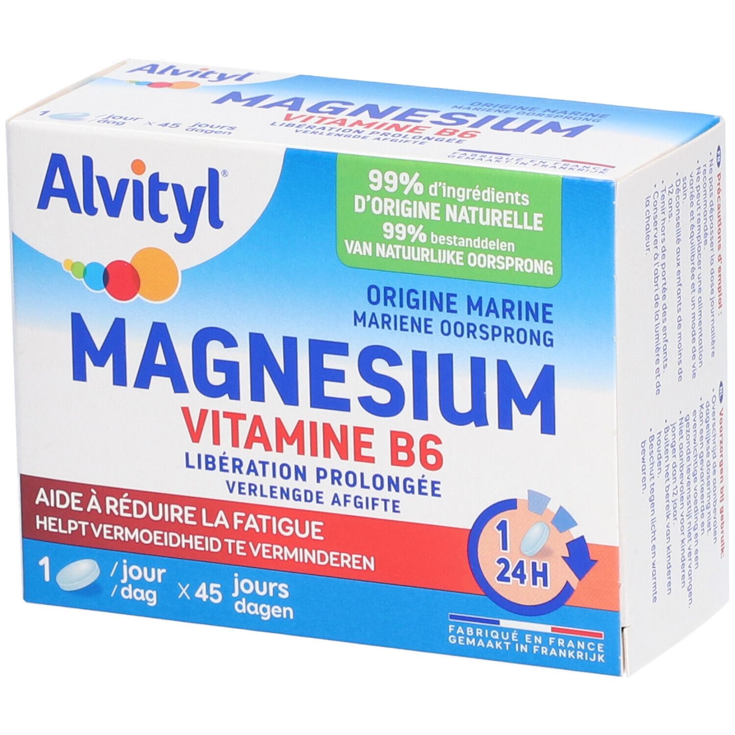 Boîte Alvityl Magnesium Vitamine B6. Emballage bleu et blanc avec nom et logos. Contient 45 comprimés.